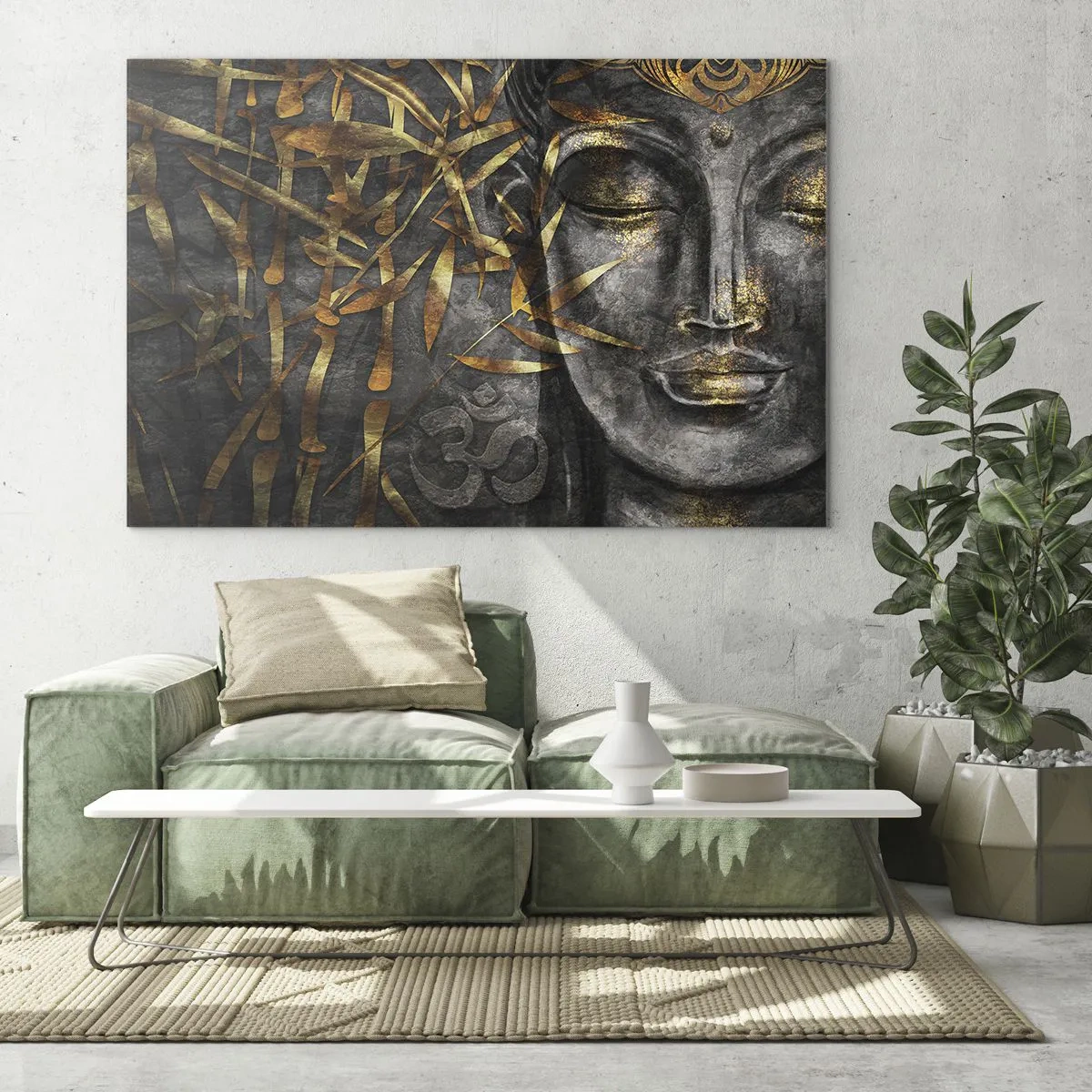 Cuadro sobre vidrio - Impresiones sobre Vidrio - Imagen de Buda dorado sobre un fondo de bambú. - 70x50cm - Siente la paz - Decoración de pared moderna para salón y dormitorio ARTTOR