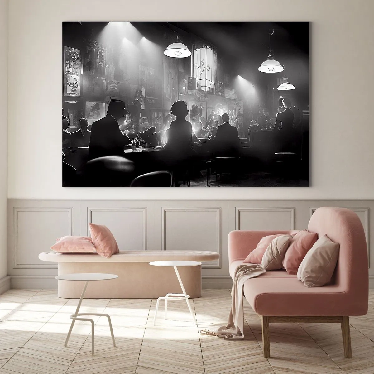 Cuadro sobre vidrio - Impresiones sobre Vidrio - Escenario de jazz en blanco y negro en el interior de un club - 70x50cm - En clave de jazz - Decoración de pared moderna para salón y dormitorio ARTTOR