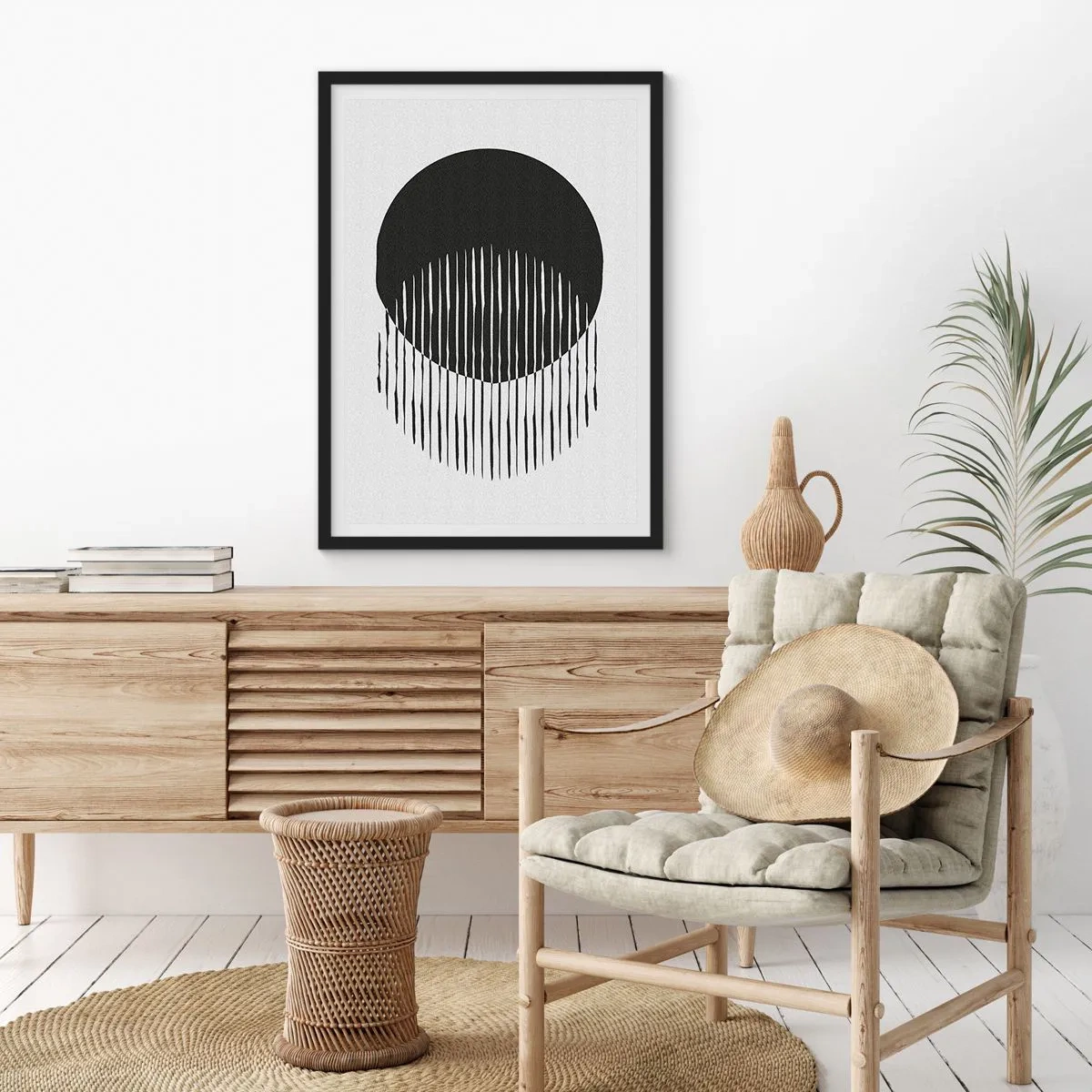 Póster en marco negro - Composición abstracta de un círculo negro y líneas verticales. - 50x70cm - Su alter ego - Decoración de pared moderna para salón y dormitorio ARTTOR