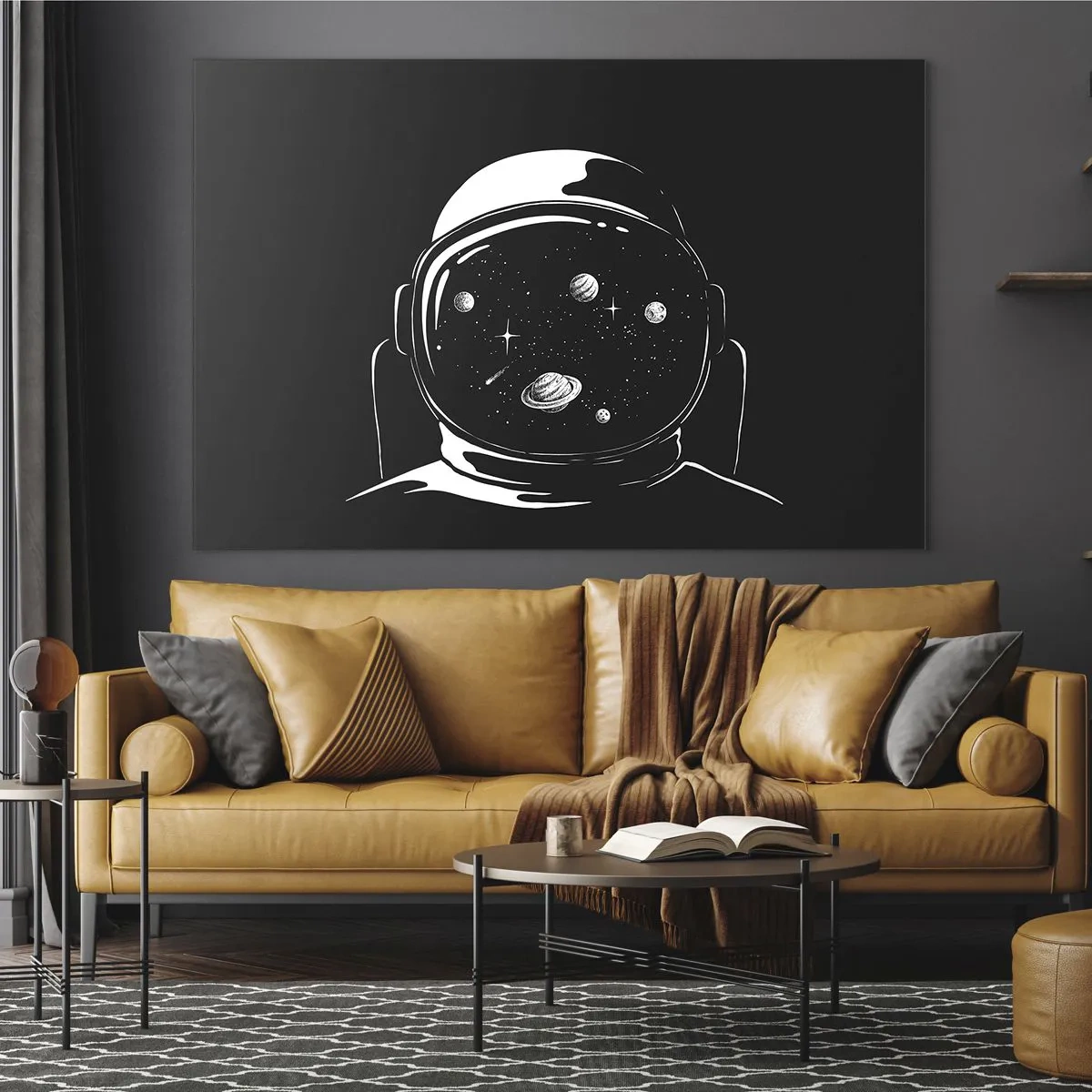 Cuadro sobre vidrio - Impresiones sobre Vidrio - Astronauta con estrellas y planetas en su casco sobre un fondo negro. - 70x50cm - Bonita vista - Decoración de pared moderna para salón y dormitorio ARTTOR