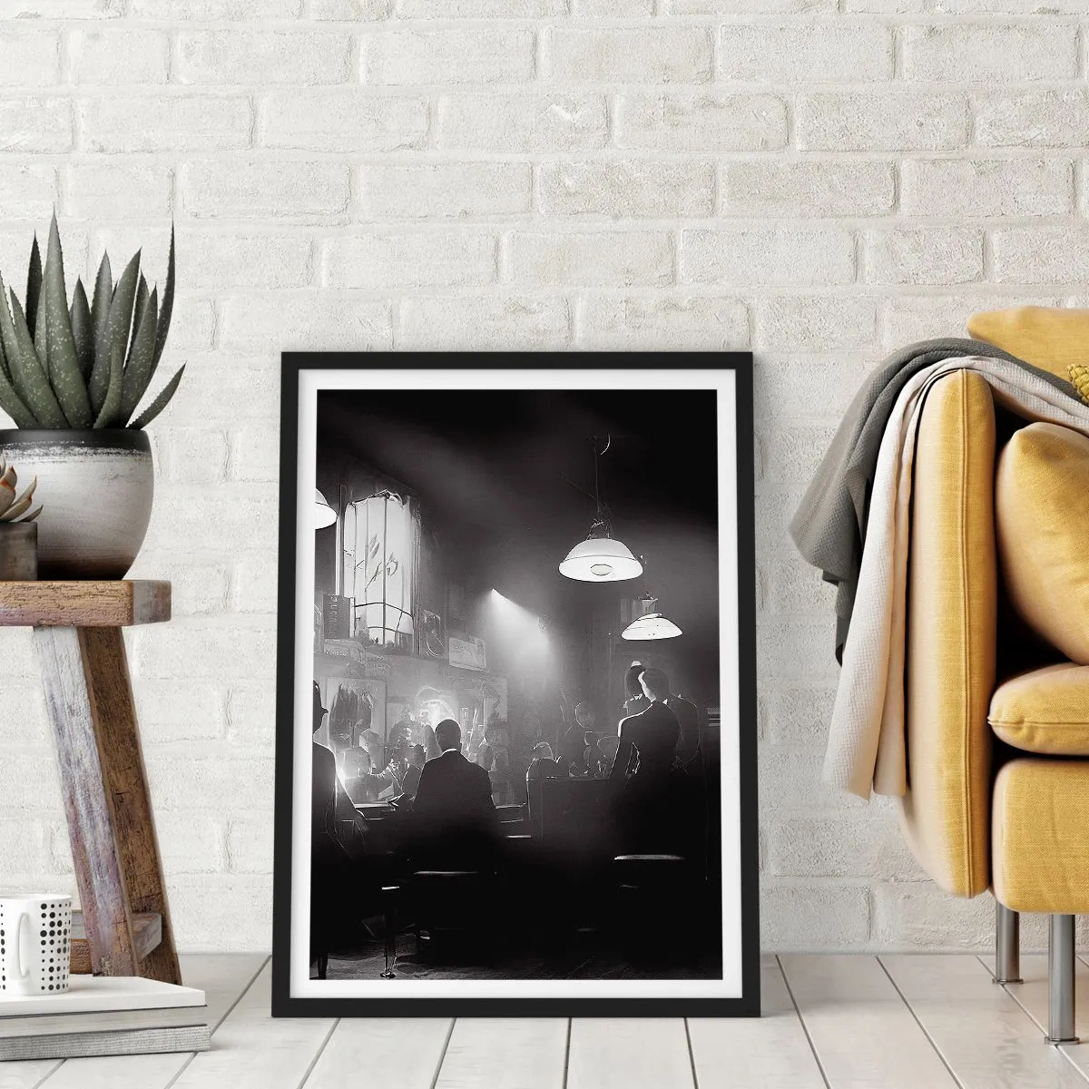 Póster en marco negro - Una escena en blanco y negro de un club nocturno de jazz atmosférico. - 50x70cm - En clave de jazz - Decoración de pared moderna para salón y dormitorio ARTTOR