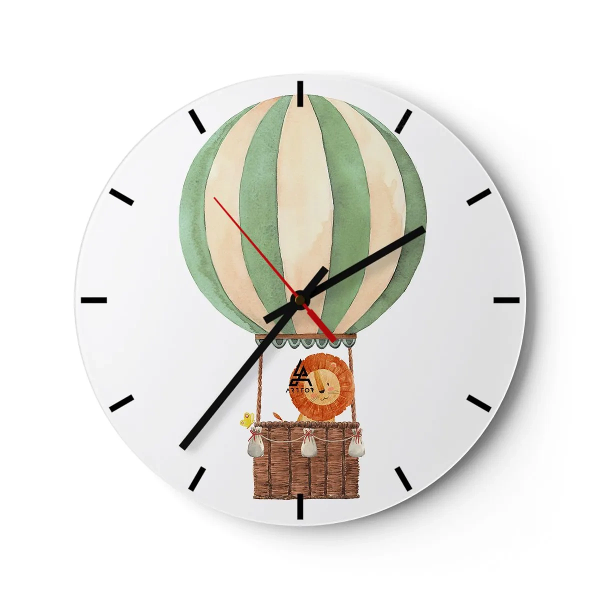 Reloj de pared - Reloj de vidrio - Un león y un pato en un globo sobre un fondo blanco. - 30x30cm - Los viajes del león - Decoración de pared moderna para salón, cocina y dormitorio ARTTOR