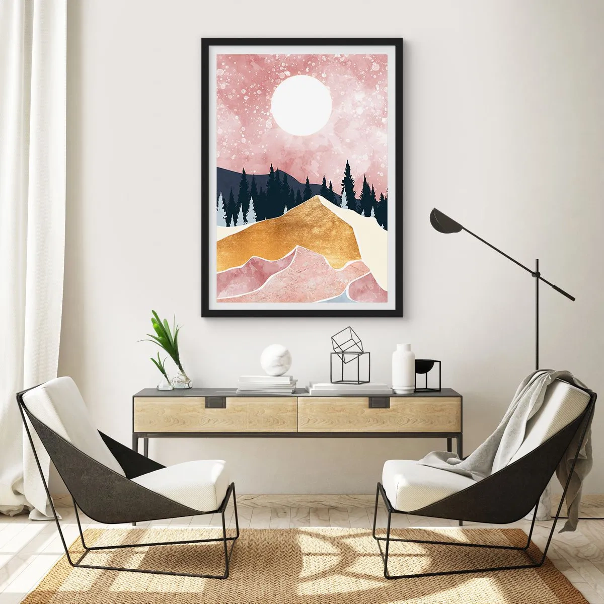 Póster en marco negro - Paisaje abstracto con bosque, montañas y acentos dorados. - 50x70cm - Vigilancia nocturna - Decoración de pared moderna para salón y dormitorio ARTTOR