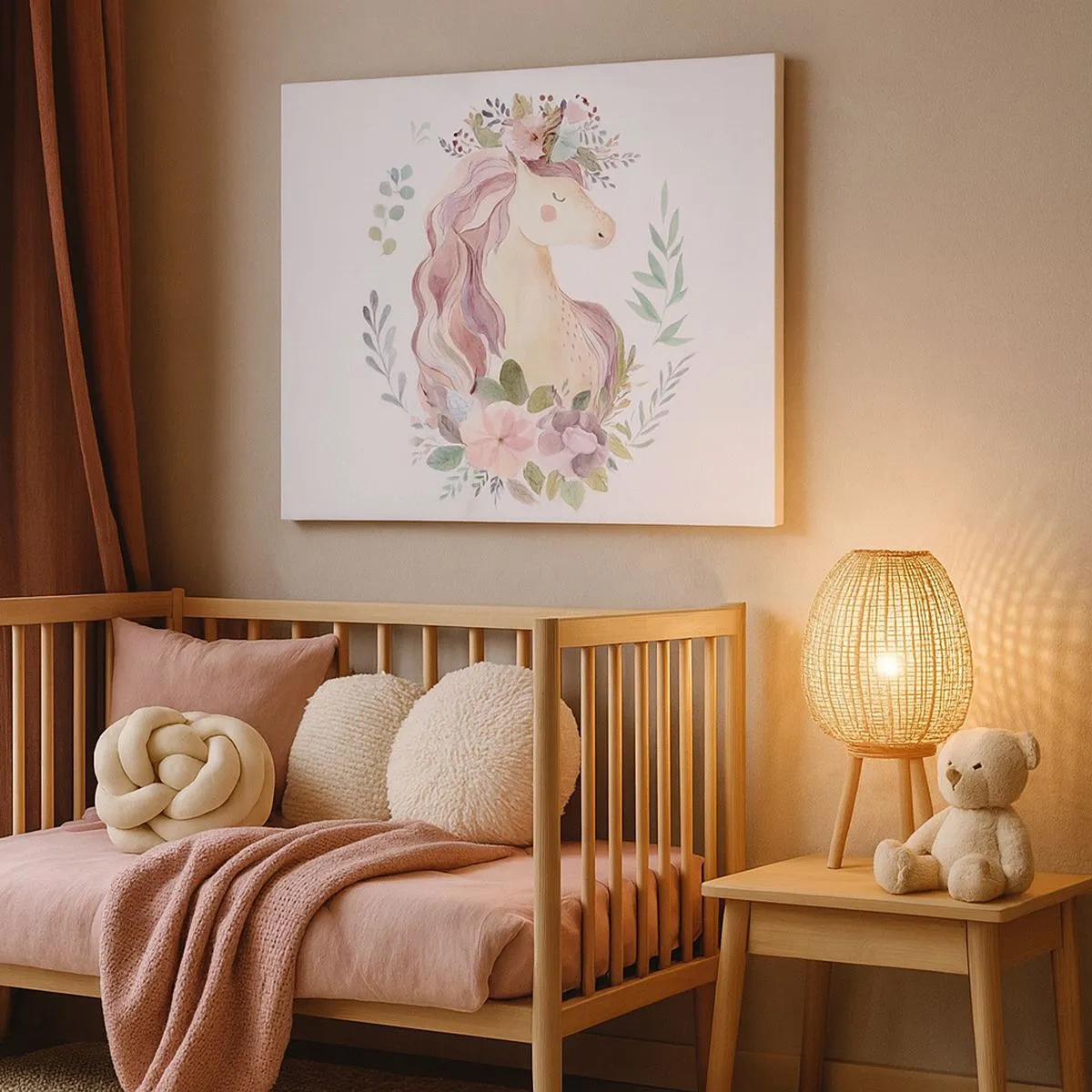 Cuadro sobre lienzo - Impresión de Imagen - Un unicornio en colores pastel rodeado de flores. - 70x50cm - Una invitación al mundo de los cuentos de hadas - Decoración de pared moderna para salón y dormitorio ARTTOR