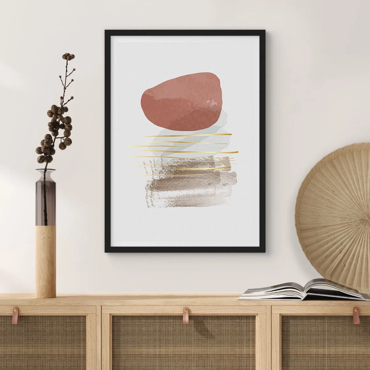 Póster en marco negro - Abstracción minimalista con formas geométricas y líneas doradas. - 50x70cm - Una columnata abstracta - Decoración de pared moderna para salón y dormitorio ARTTOR