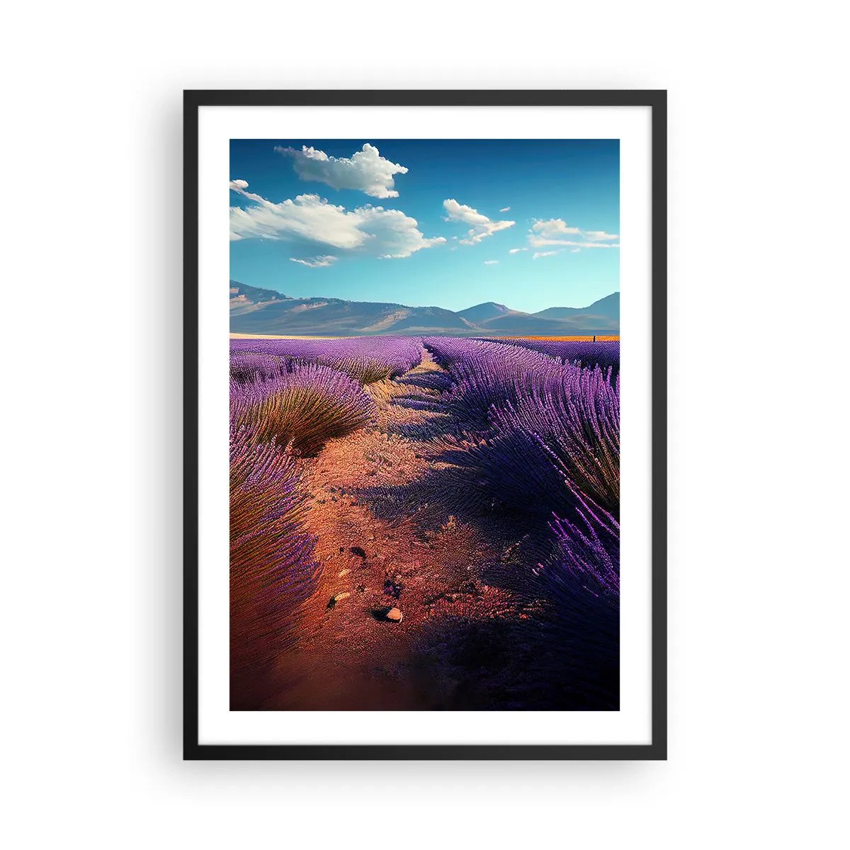 Póster en marco negro - Un campo de lavanda al atardecer con un paisaje montañoso al fondo. - 50x70cm - Campos fragantes - Decoración de pared moderna para salón y dormitorio ARTTOR