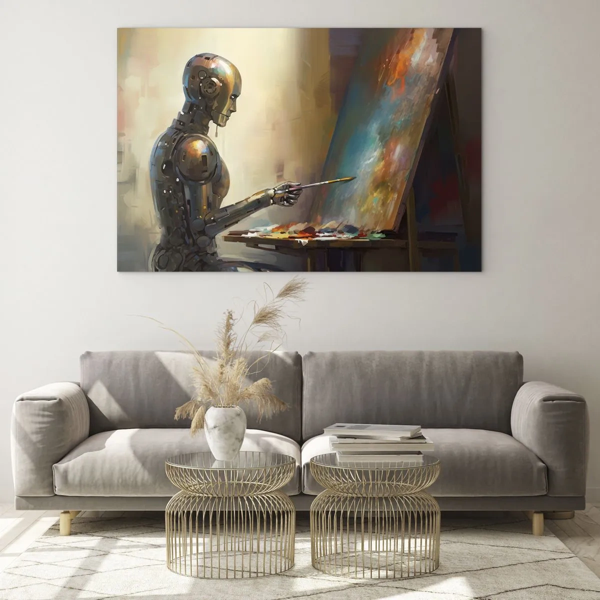 Cuadro sobre vidrio - Impresiones sobre Vidrio - Un robot pintando un cuadro en un caballete. - 70x50cm - Arte del futuro - Decoración de pared moderna para salón y dormitorio ARTTOR
