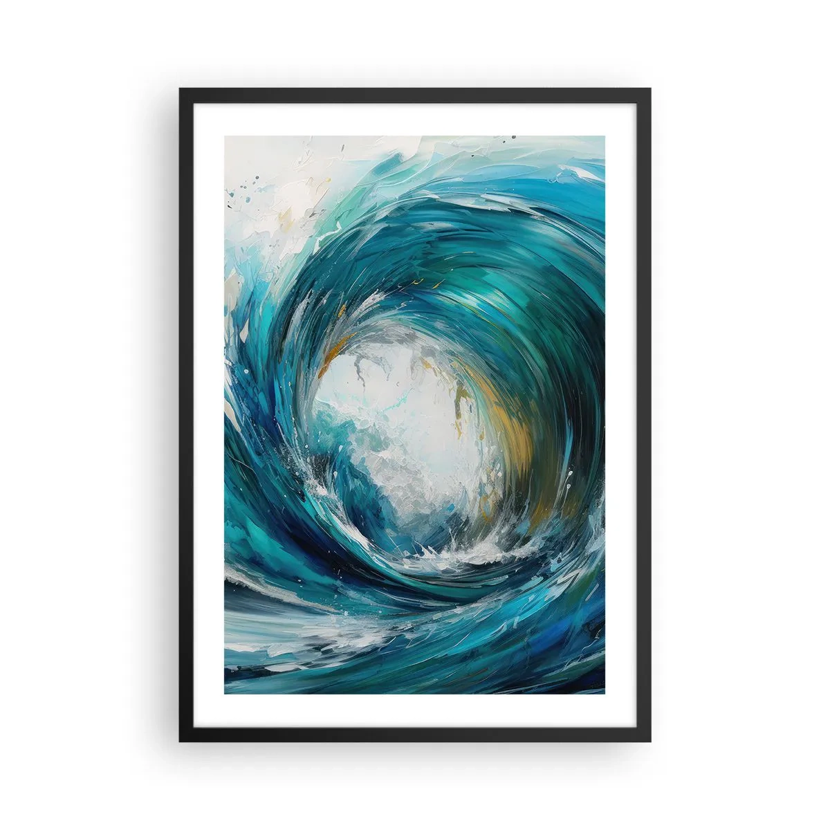 Póster en marco negro - Ola abstracta en tonos turquesa, azul y blanco. - 50x70cm - Portal marino - Decoración de pared moderna para salón y dormitorio ARTTOR