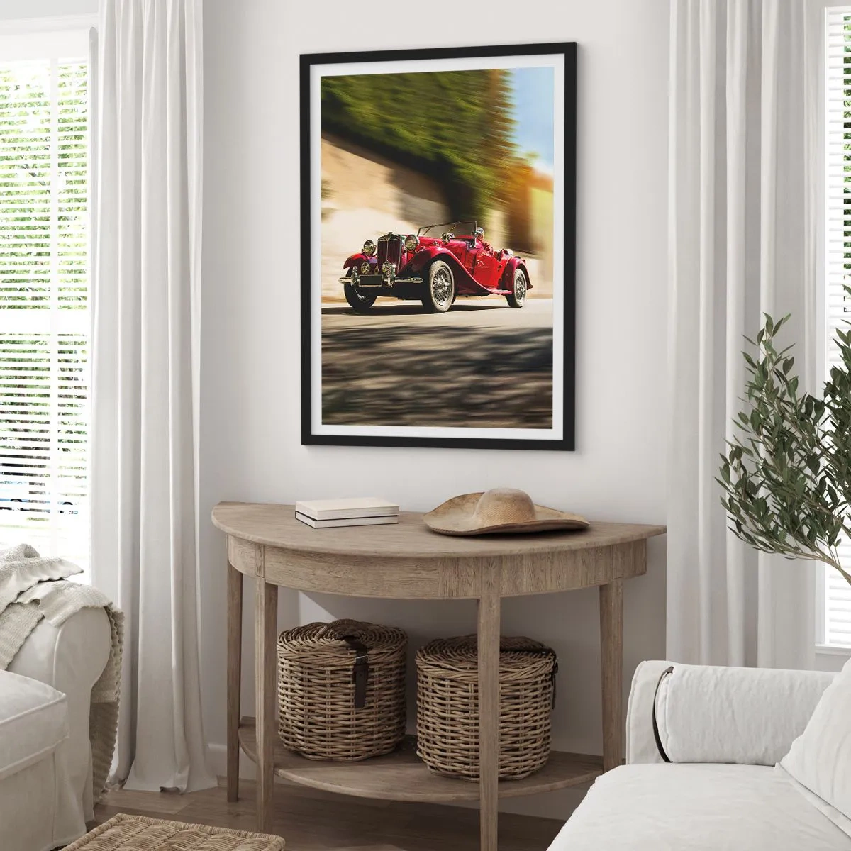 Póster en marco negro - Coche clásico rojo contra un paisaje borroso - 50x70cm - Hermosa pieza de museo - Decoración de pared moderna para salón y dormitorio ARTTOR