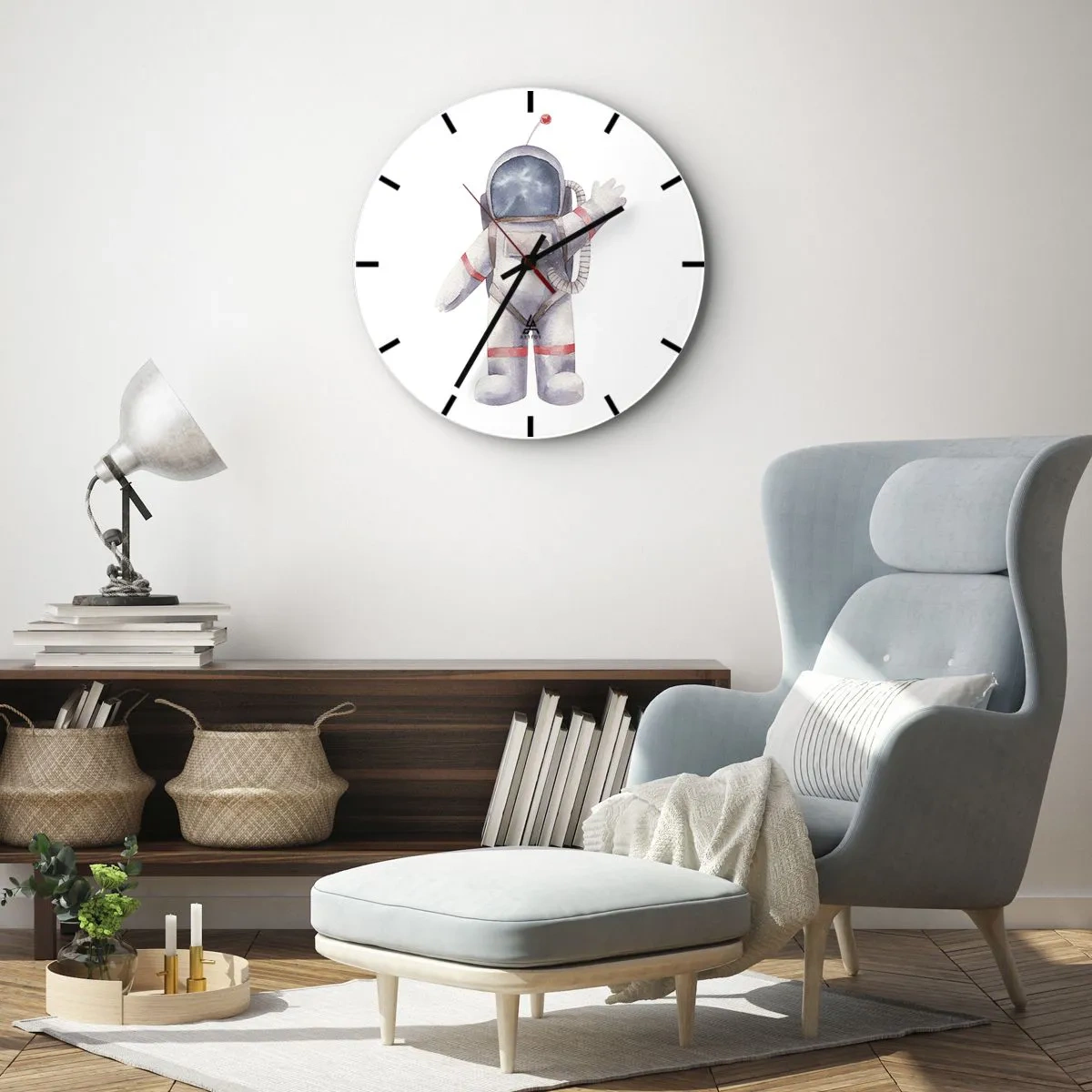 Reloj de pared - Reloj de vidrio - Ilustración de un cosmonauta con la mano levantada sobre un fondo blanco. - 30x30cm - Esto es todo por ahora - Decoración de pared moderna para salón, cocina y dormitorio ARTTOR