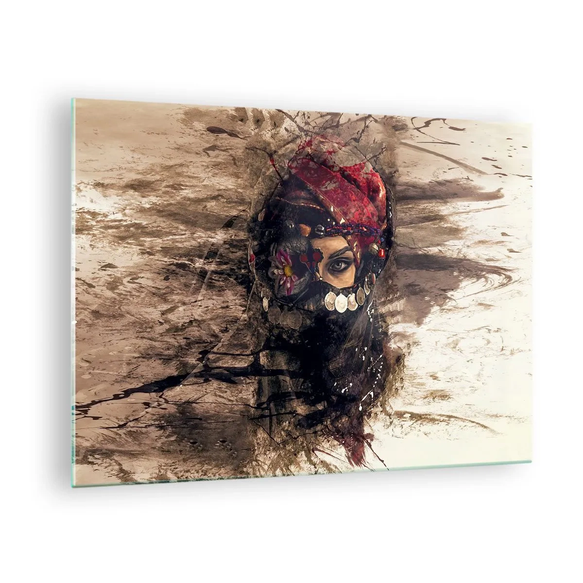 Cuadro sobre vidrio - Impresiones sobre Vidrio - Retrato de una mujer misteriosa con un turbante rojo. - 70x50cm - Inquietante, como mínimo - Decoración de pared moderna para salón y dormitorio ARTTOR