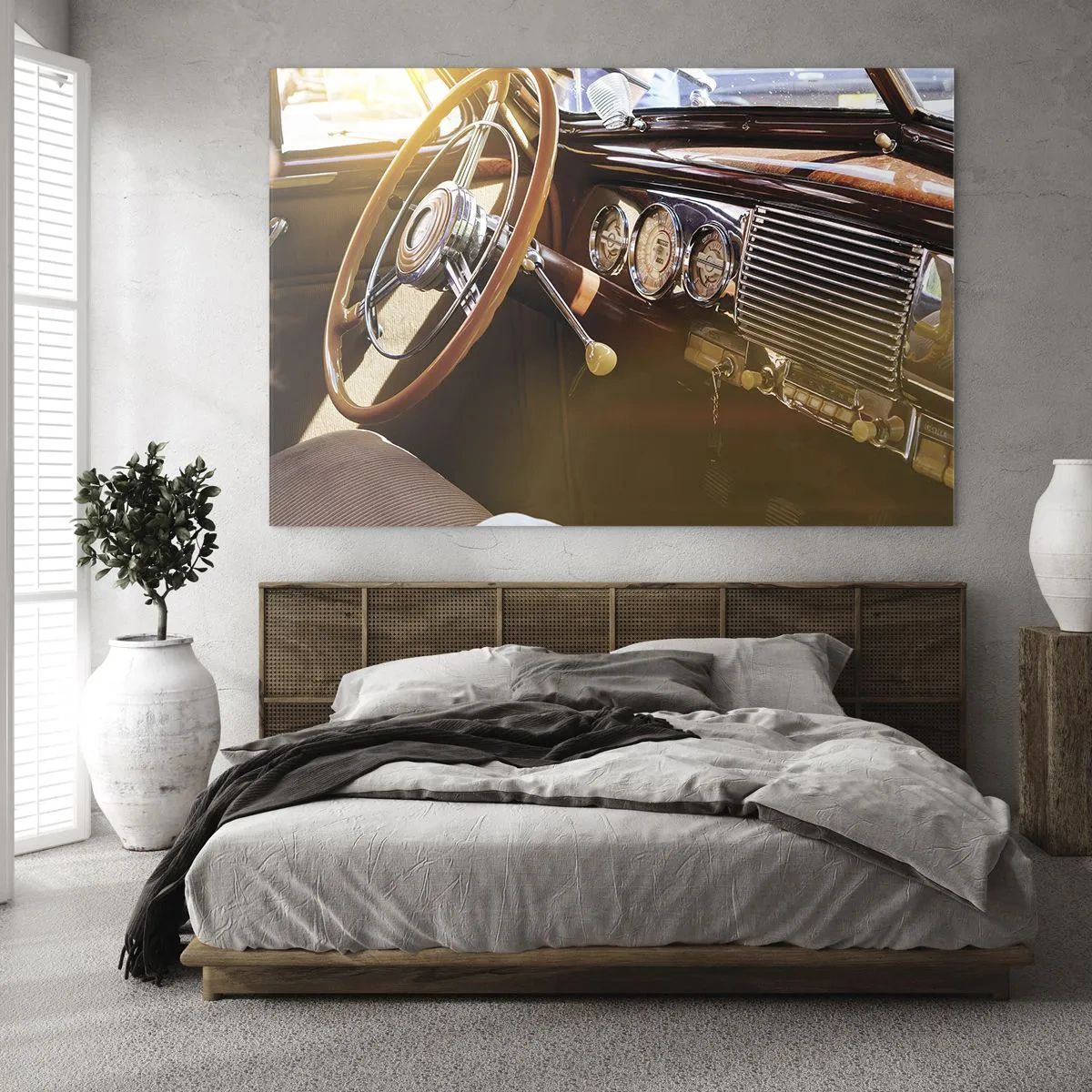 Cuadro sobre vidrio - Impresiones sobre Vidrio - Interior de un coche clásico con volante de madera. - 70x50cm - Un soplo de lujo del pasado - Decoración de pared moderna para salón y dormitorio ARTTOR