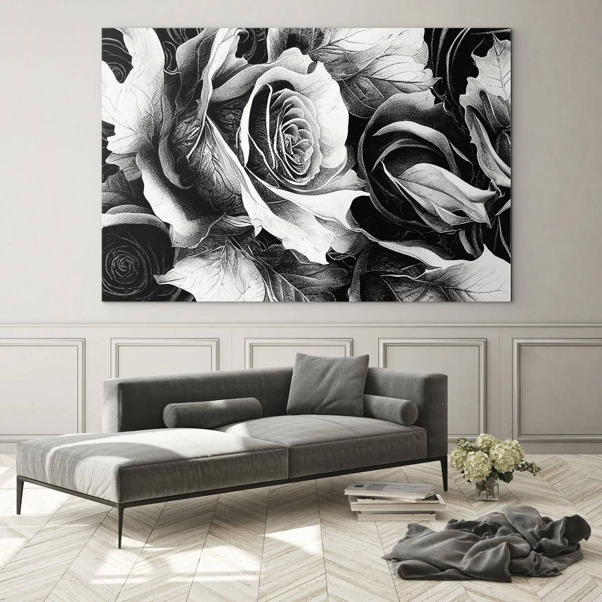 Cuadro sobre vidrio - Impresiones sobre Vidrio - Arreglo floral de rosas blancas y negras con detalles. - 70x50cm - Siempre como una reina - Decoración de pared moderna para salón y dormitorio ARTTOR