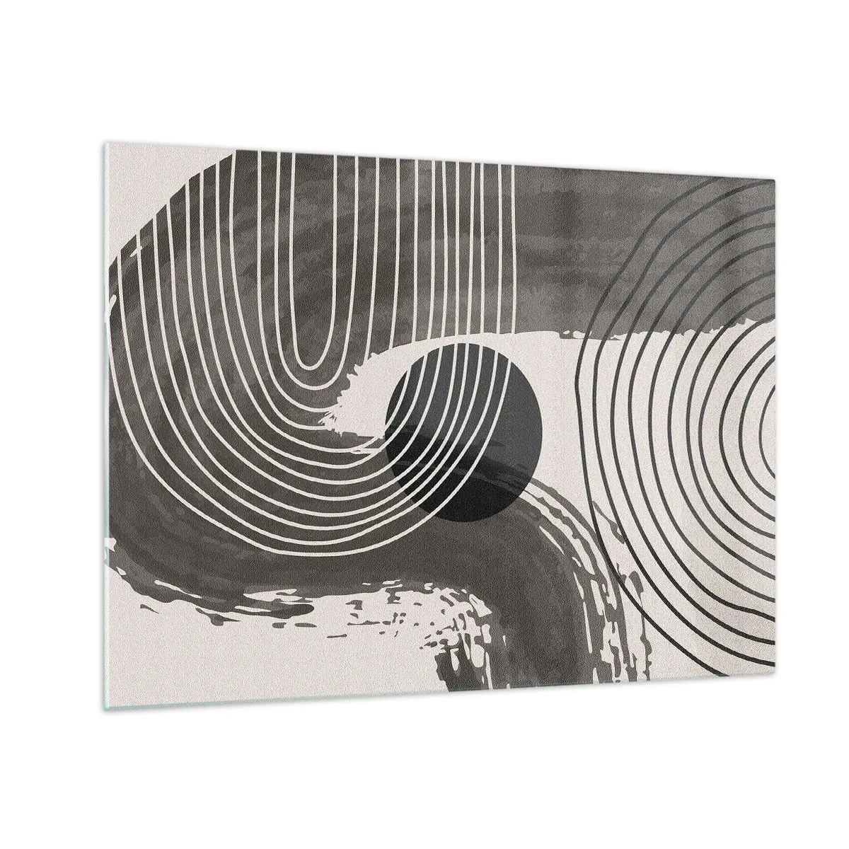 Cuadro sobre vidrio - Impresiones sobre Vidrio - Abstracción moderna con líneas blancas y negras y un óvalo. - 70x50cm - La victoria del óvalo - Decoración de pared moderna para salón y dormitorio ARTTOR