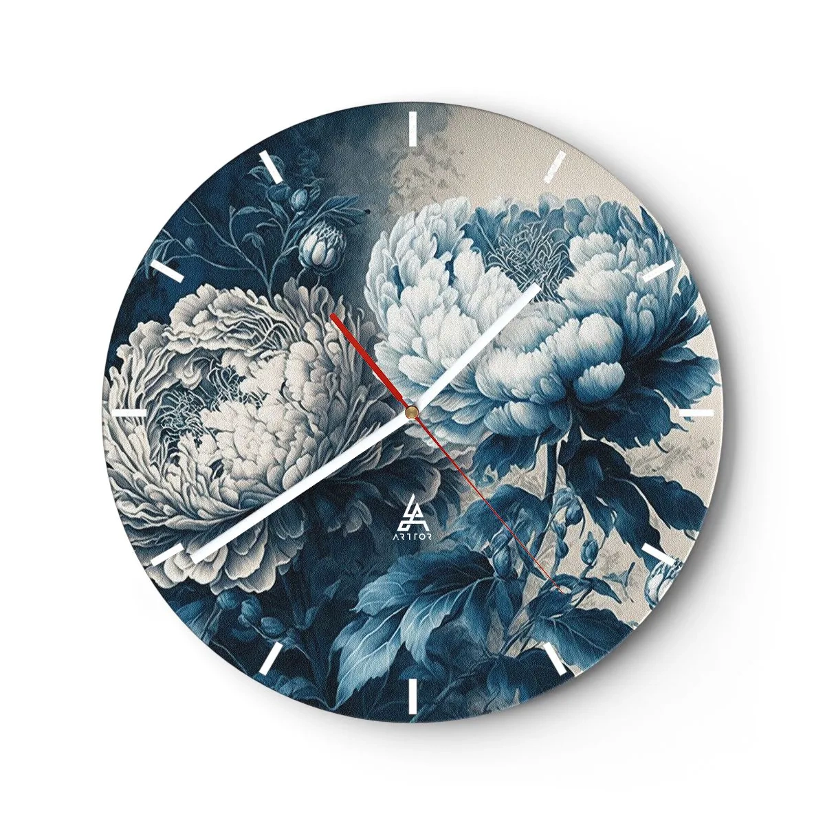 Reloj de pared - Reloj de vidrio - Ilustración de dos peonías en tonos azules y blancos. - 30x30cm - Una pareja unida - Decoración de pared moderna para salón, cocina y dormitorio ARTTOR