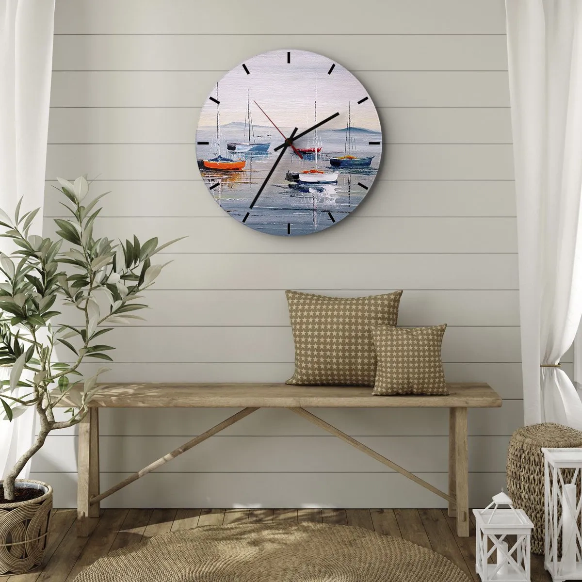 Reloj de pared - Reloj de vidrio - Barcos coloridos amarrados pacíficamente en la superficie del agua - 30x30cm - Un más que merecido descanso - Decoración de pared moderna para salón, cocina y dormitorio ARTTOR