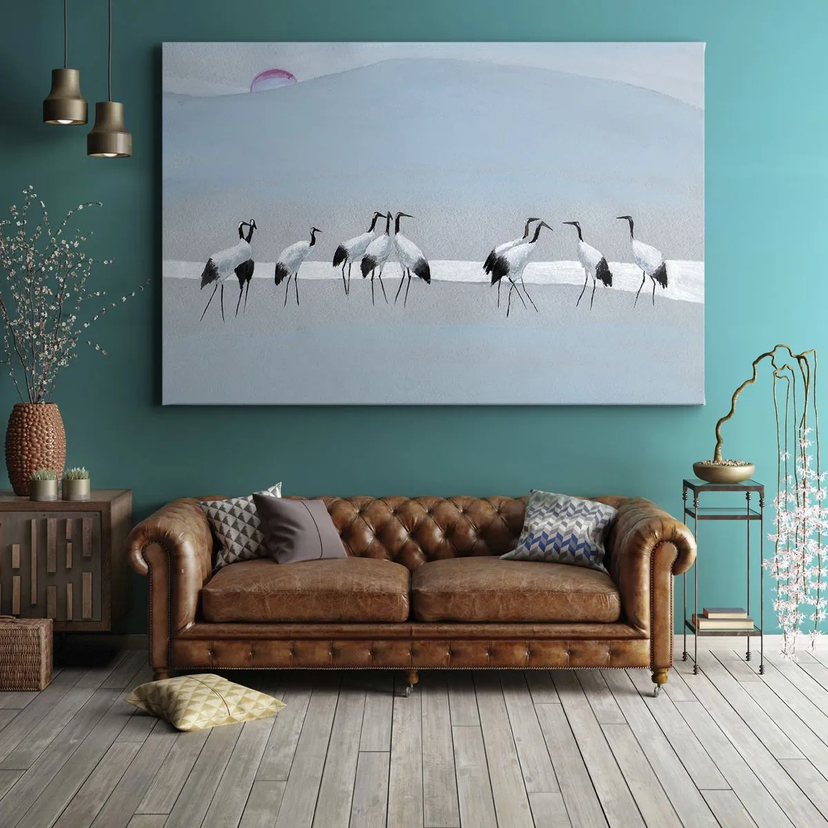 Cuadro sobre lienzo - Impresión de Imagen - Un grupo de grullas contra un cielo azul y el sol naciente. - 70x50cm - Después de un día caluroso - Decoración de pared moderna para salón y dormitorio ARTTOR