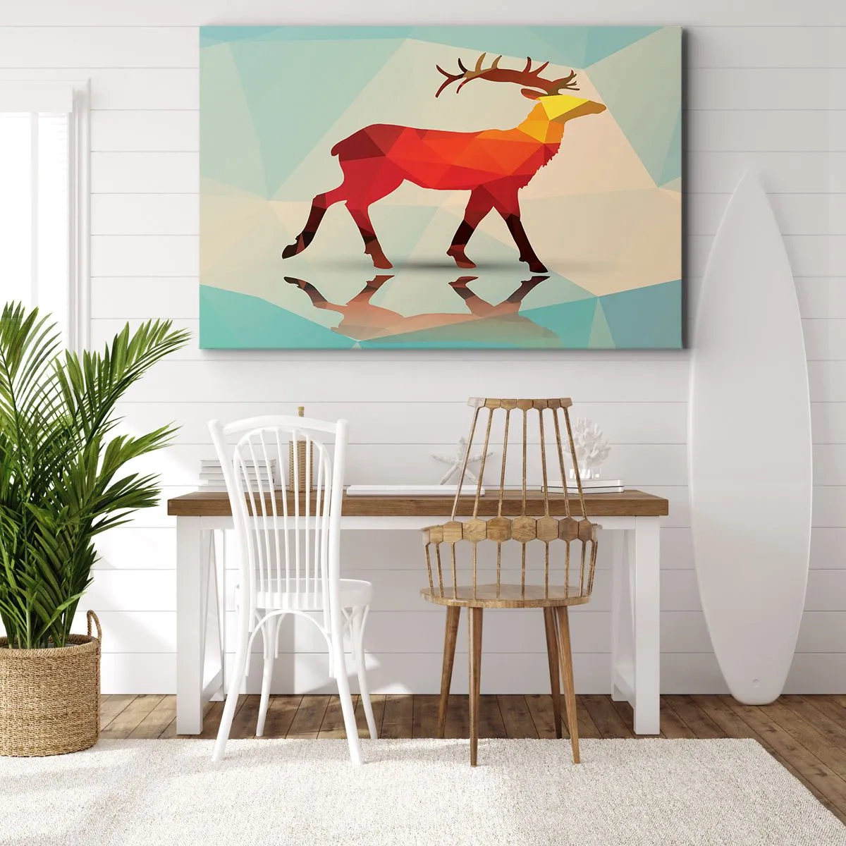 Cuadro sobre lienzo - Impresión de Imagen - Silueta geométrica de un ciervo en tonos rojos y naranjas. - 70x50cm - Ciervo geométrico - Decoración de pared moderna para salón y dormitorio ARTTOR
