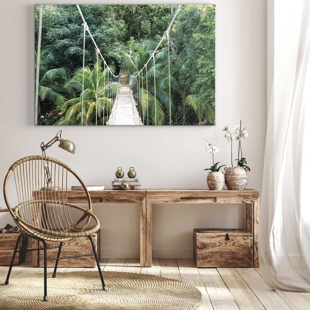 Cuadro sobre lienzo - Impresión de Imagen - Un puente colgante en una selva tropical llena de vegetación. - 70x50cm - ¡Bienvenido a la selva! - Decoración de pared moderna para salón y dormitorio ARTTOR