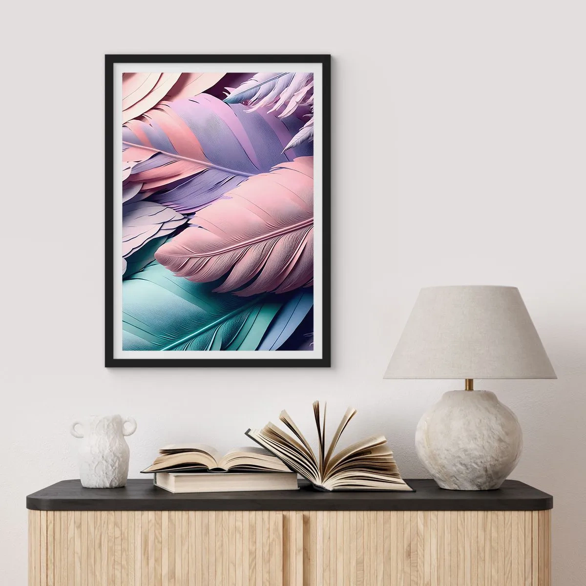 Póster en marco negro - Plumas pastel en tonos delicados - 50x70cm - Pájaro chic - Decoración de pared moderna para salón y dormitorio ARTTOR