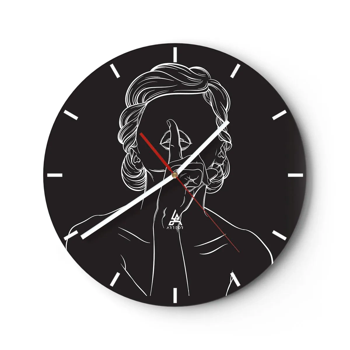 Reloj de pared - Reloj de vidrio - Un contorno blanco de una mujer con un dedo en la boca sobre un fondo negro. - 30x30cm - La belleza florece en silencio - Decoración de pared moderna para salón, cocina y dormitorio ARTTOR