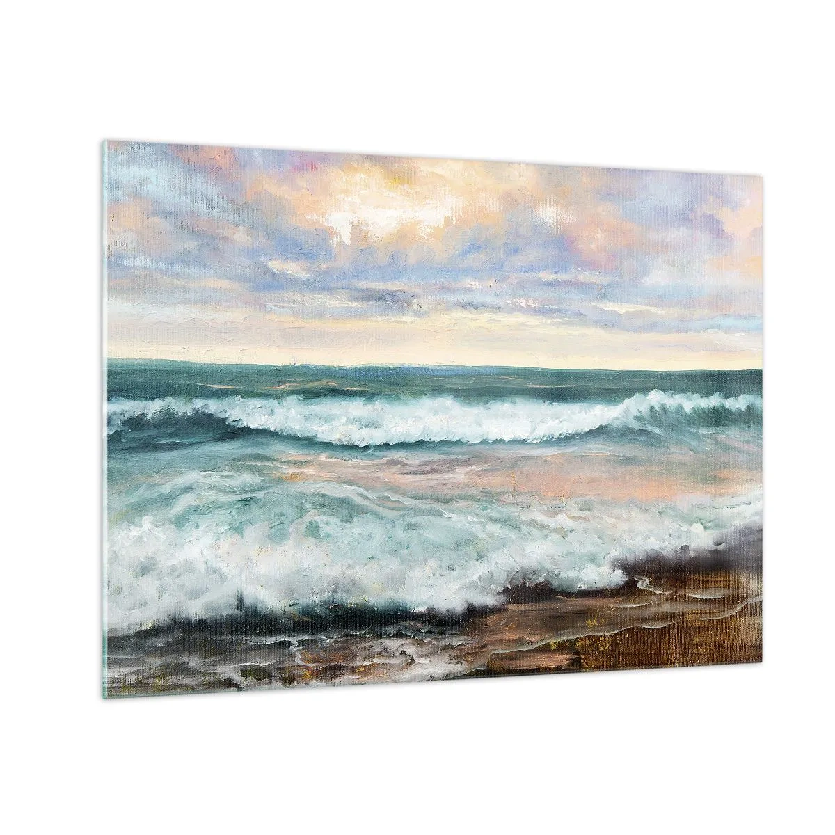 Cuadro sobre vidrio - Impresiones sobre Vidrio - Una pintura que representa las olas rompiendo contra la orilla. - 70x50cm - Aquí suavizarás tu alma - Decoración de pared moderna para salón y dormitorio ARTTOR