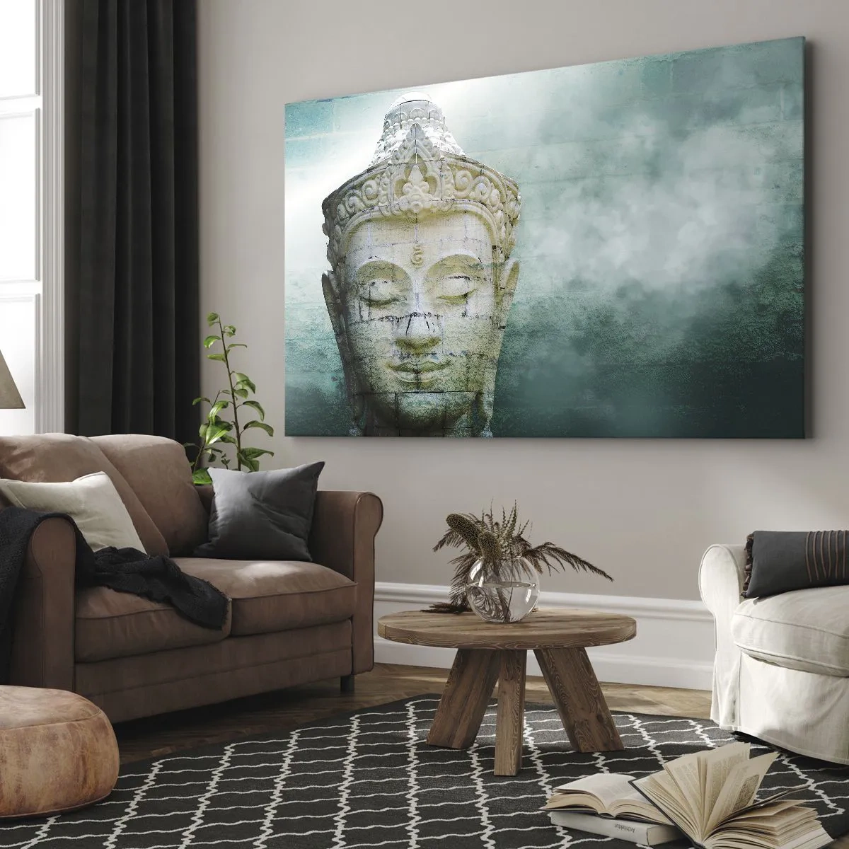 Cuadro sobre lienzo - Impresión de Imagen - Estatua de Buda con una suave niebla sobre un fondo verde. - 70x50cm - Buscando la luz - Decoración de pared moderna para salón y dormitorio ARTTOR