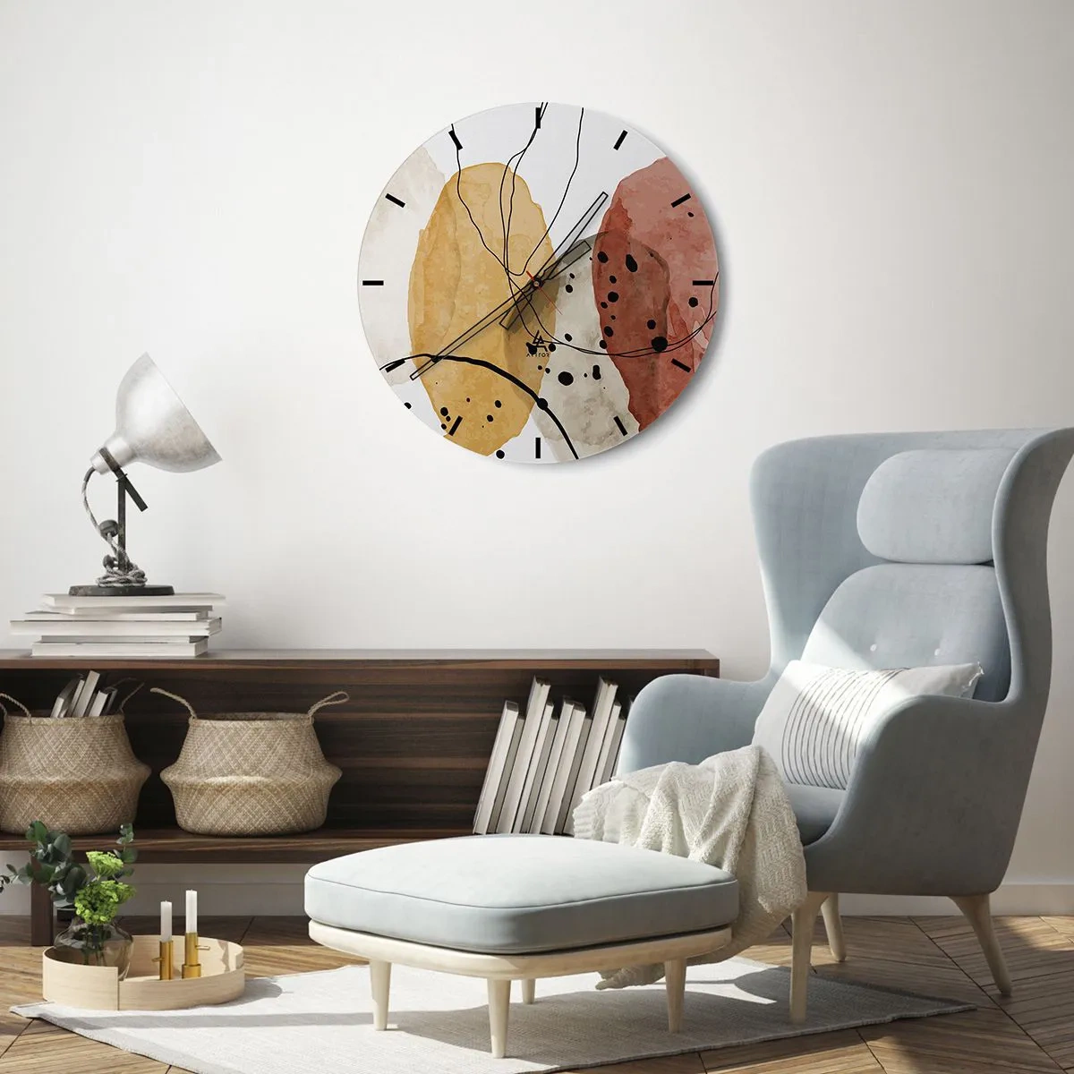 Reloj de pared - Reloj de vidrio - Formas abstractas de colores con líneas y puntos negros - 30x30cm - Líneas y transparencias - Decoración de pared moderna para salón, cocina y dormitorio ARTTOR