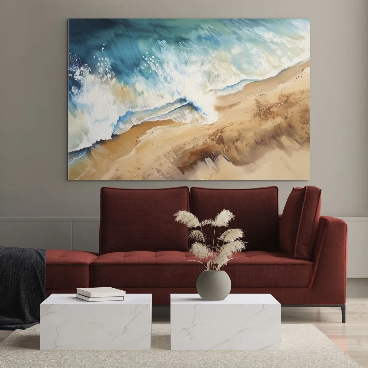 Cuadro sobre vidrio - Impresiones sobre Vidrio - Una vista de pájaro de una ola de mar azul rompiendo contra una orilla arenosa. - 70x50cm - Olas recurrentes - Decoración de pared moderna para salón y dormitorio ARTTOR