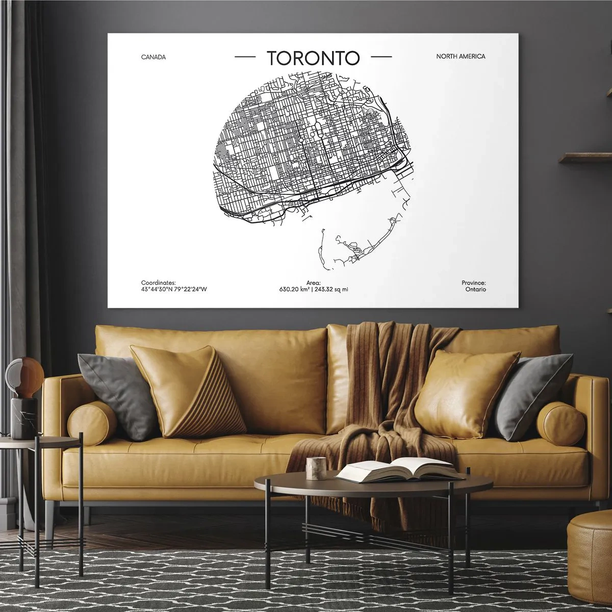 Cuadro sobre vidrio - Impresiones sobre Vidrio - Un mapa minimalista de Toronto con una cuadrícula de calles. - 70x50cm - Anatomía de Toronto - Decoración de pared moderna para salón y dormitorio ARTTOR