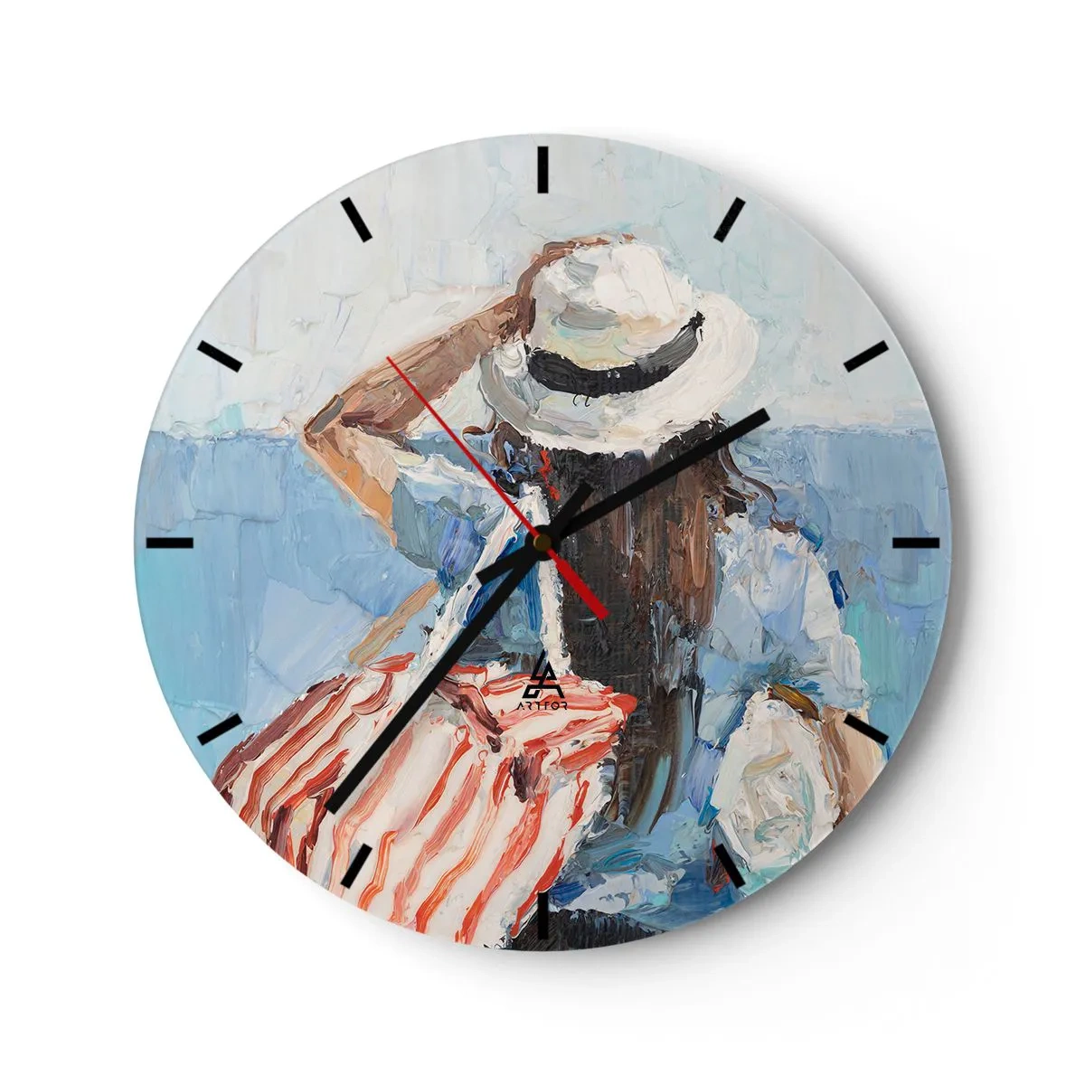 Reloj de pared - Reloj de vidrio - Una pintura de verano de una mujer con sombrero frente al mar. - 30x30cm - Bienvenida a tus vacaciones - Decoración de pared moderna para salón, cocina y dormitorio ARTTOR