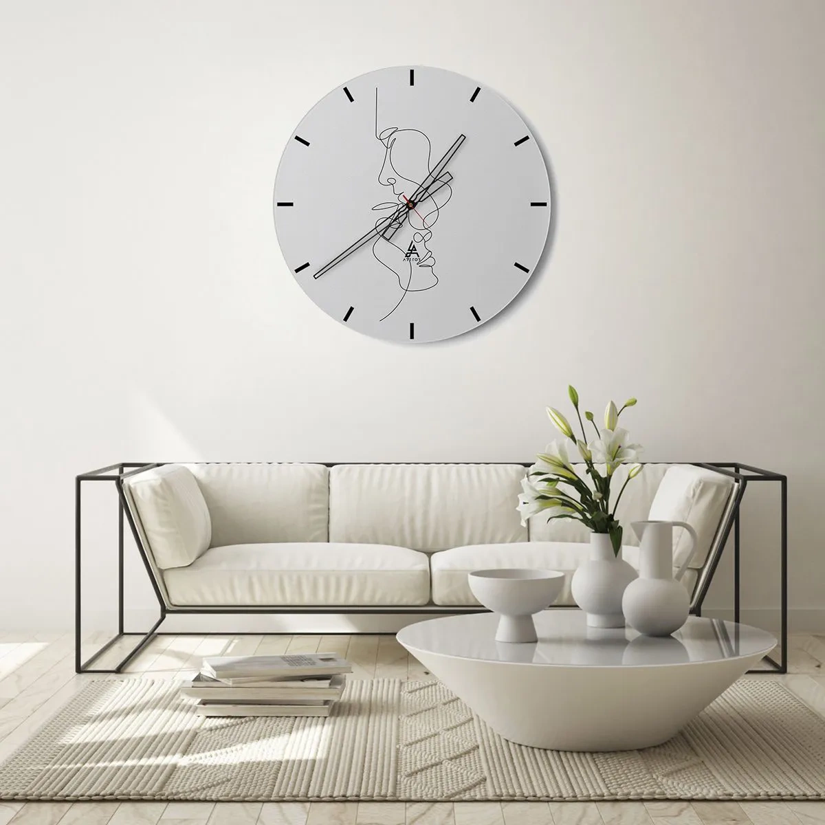 Reloj de pared - Reloj de vidrio - Contornos faciales minimalistas en líneas negras sobre un fondo blanco. - 30x30cm - El calor de los deseos lúgubres - Decoración de pared moderna para salón, cocina y dormitorio ARTTOR