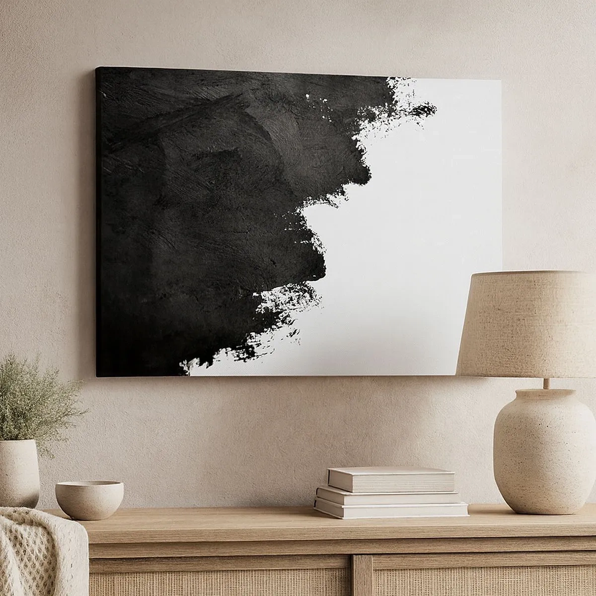 Cuadro sobre lienzo - Impresión de Imagen - Abstracción en blanco y negro con pinceladas contrastantes. - 70x50cm - Elementos: tierra - Decoración de pared moderna para salón y dormitorio ARTTOR