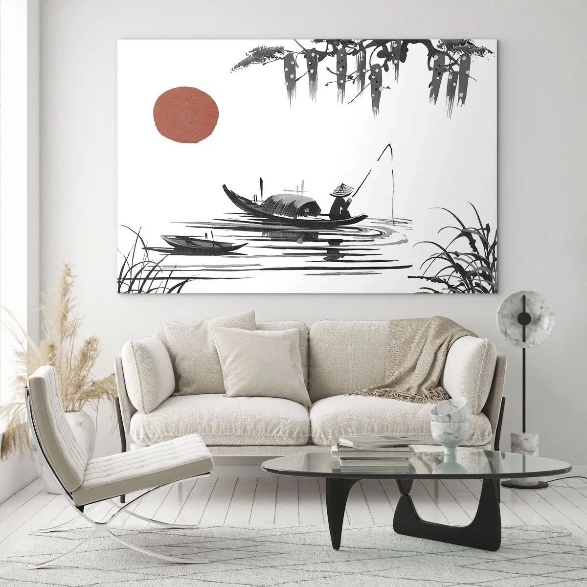 Cuadro sobre vidrio - Impresiones sobre Vidrio - Barco de pesca tradicional en un río con un sol rojo. - 70x50cm - Una tarde asiática - Decoración de pared moderna para salón y dormitorio ARTTOR