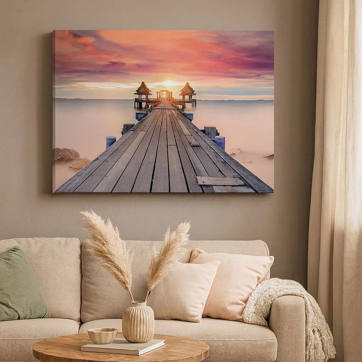 Cuadro sobre lienzo - Impresión de Imagen - Muelle de madera que conduce a los miradores al atardecer - 70x50cm - De este a oeste - Decoración de pared moderna para salón y dormitorio ARTTOR