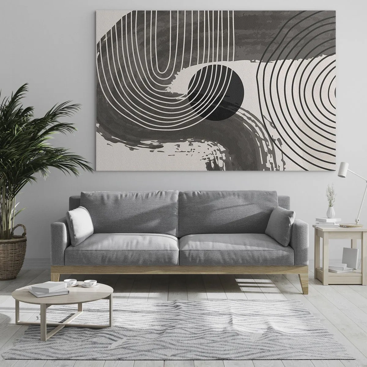 Cuadro sobre vidrio - Impresiones sobre Vidrio - Abstracción moderna con líneas blancas y negras y un óvalo. - 70x50cm - La victoria del óvalo - Decoración de pared moderna para salón y dormitorio ARTTOR