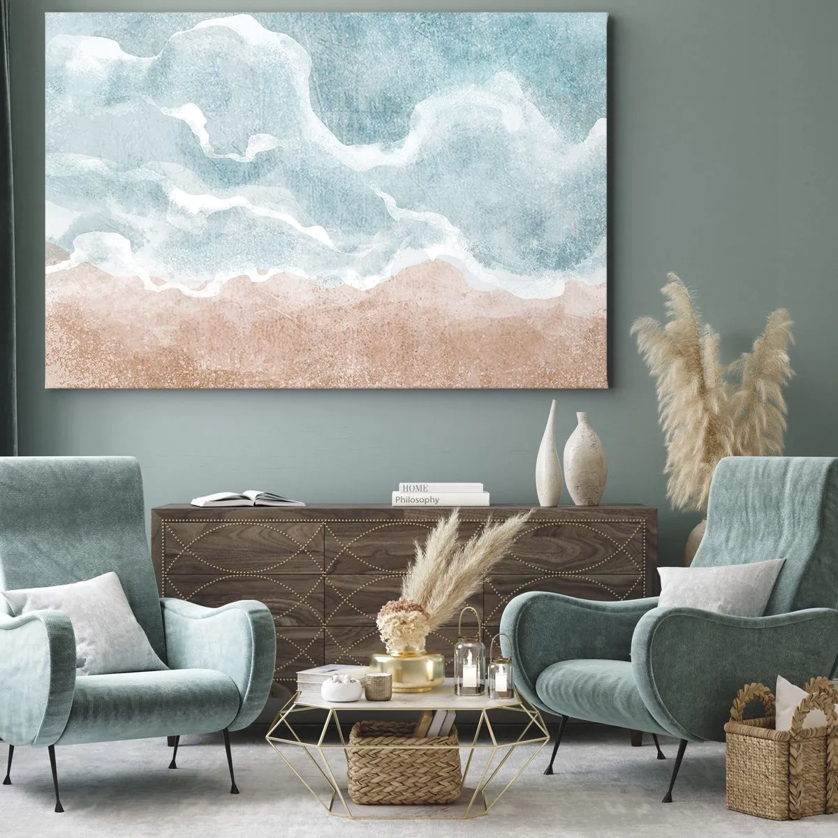 Cuadro sobre lienzo - Impresión de Imagen - Playa abstracta con olas en tonos azules y beige. - 70x50cm - Abstracción de nubes - Decoración de pared moderna para salón y dormitorio ARTTOR