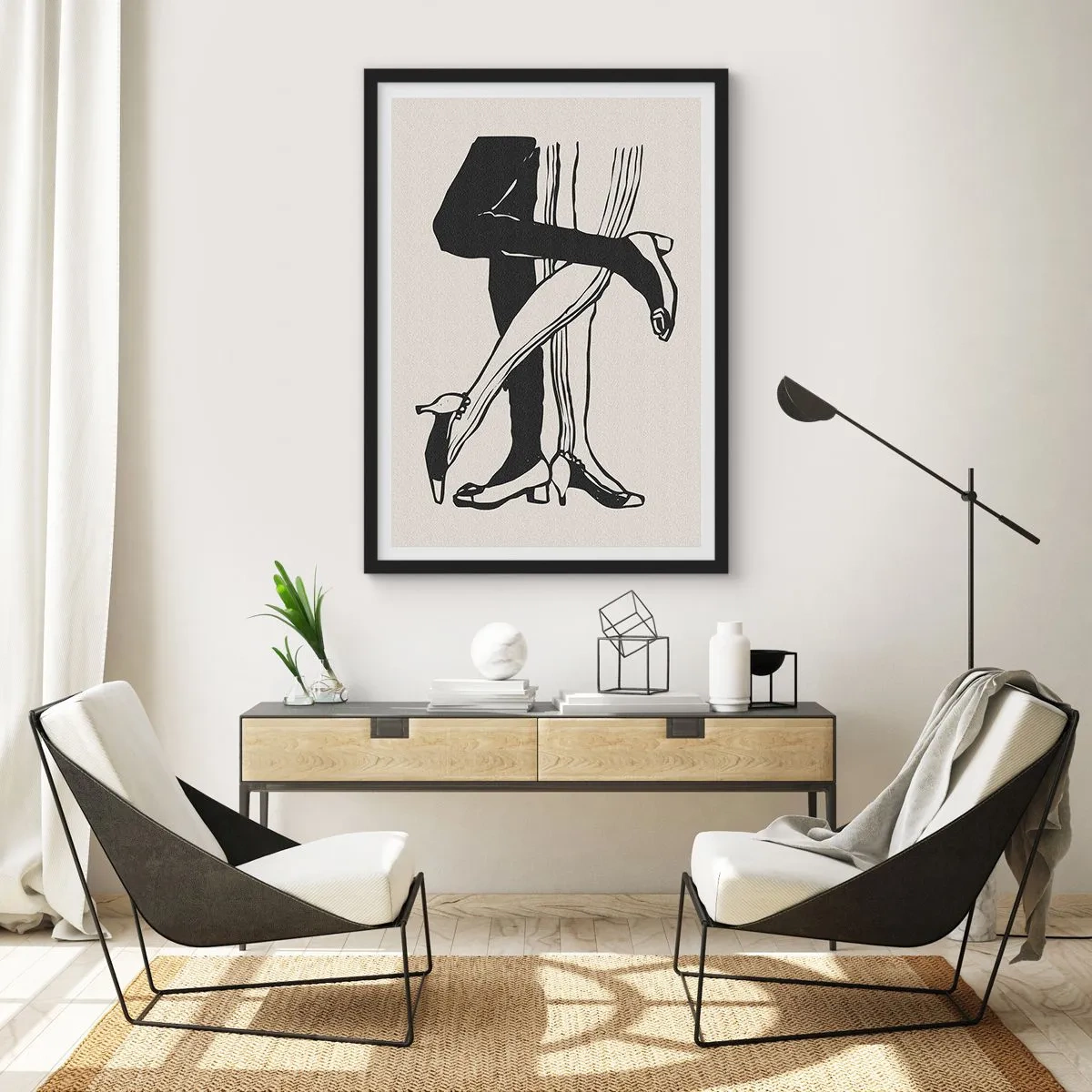 Póster en marco negro - Ilustración en blanco y negro de piernas entrelazadas bailando - 50x70cm - Atributo femenino - Decoración de pared moderna para salón y dormitorio ARTTOR