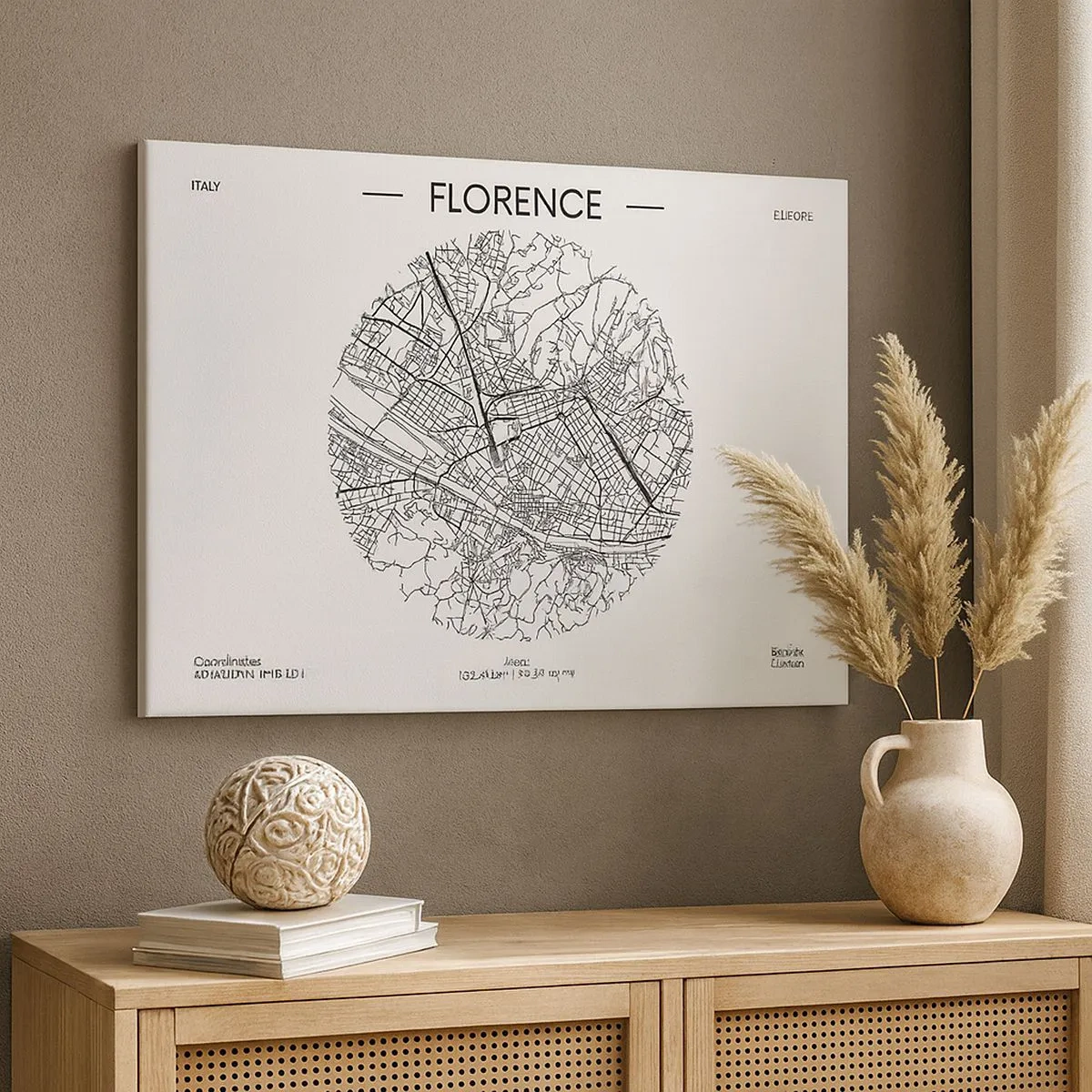 Cuadro sobre lienzo - Impresión de Imagen - Un mapa de Florencia en un estilo minimalista en blanco y negro. - 70x50cm - Anatomía de Florencia - Decoración de pared moderna para salón y dormitorio ARTTOR