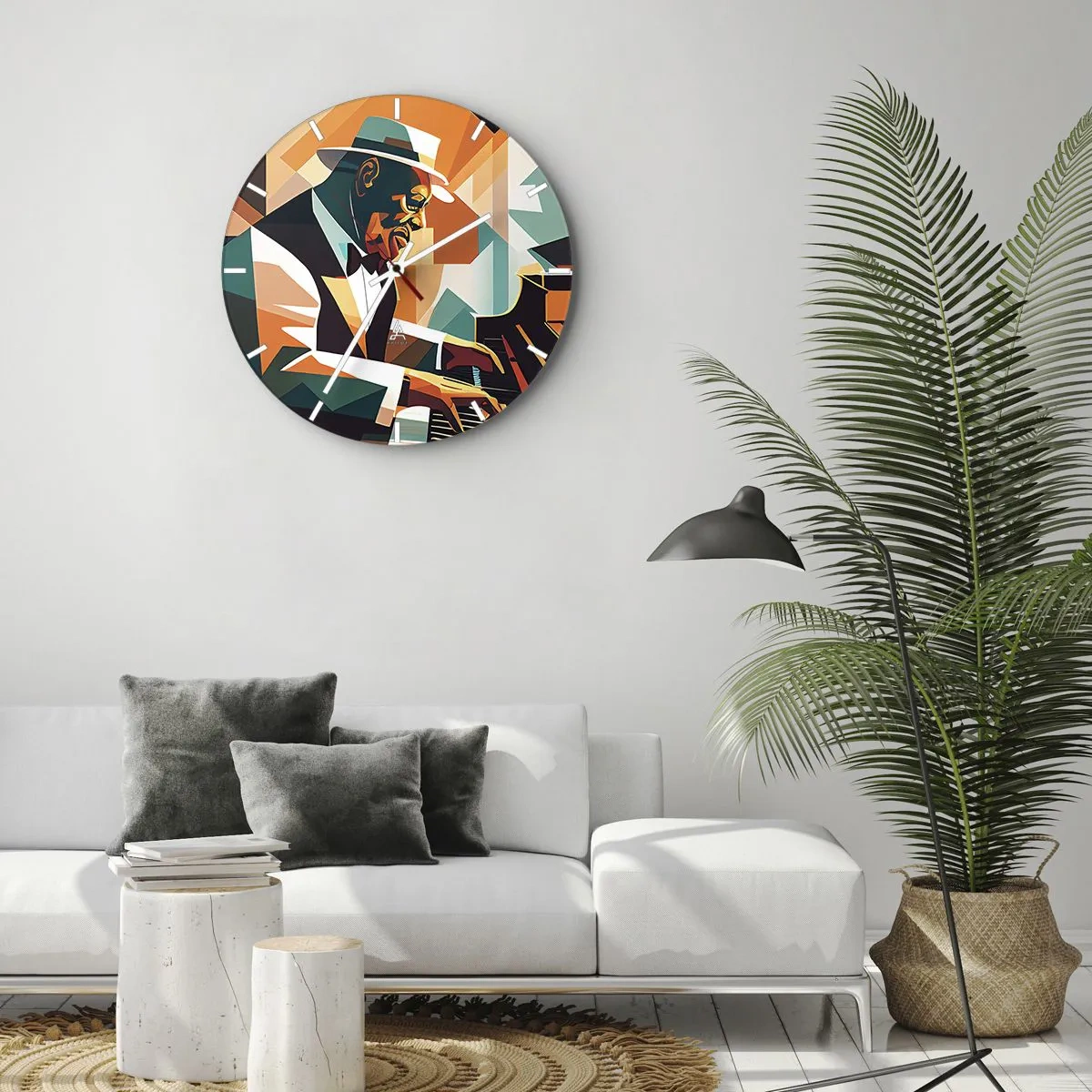 Reloj de pared - Reloj de vidrio - Músico de jazz al piano en estilo geométrico. - 30x30cm - Todo ese jazz que llevas dentro - Decoración de pared moderna para salón, cocina y dormitorio ARTTOR