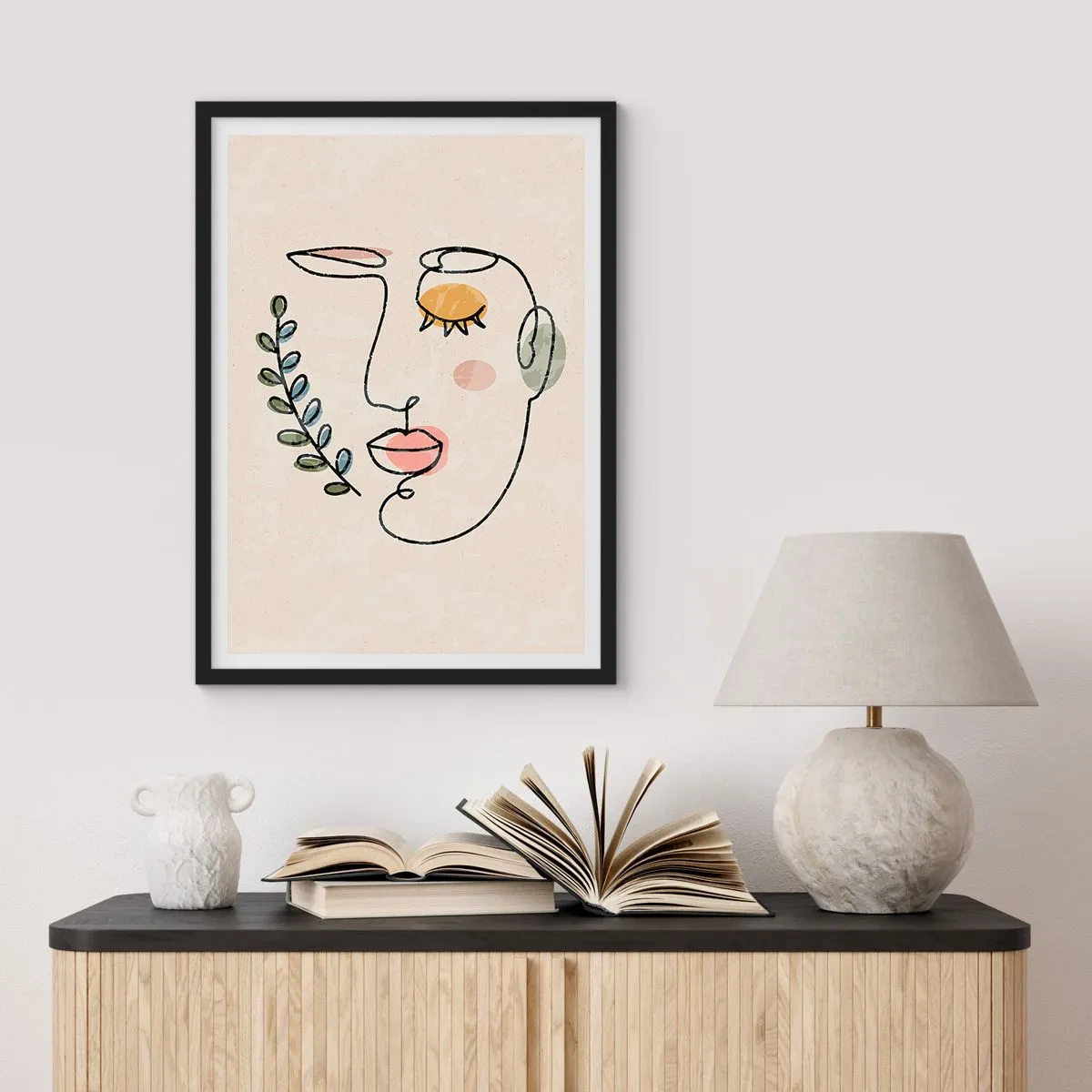 Póster en marco negro - Retrato de línea minimalista de una mujer sobre un fondo beige. - 50x70cm - Calma encontrada - Decoración de pared moderna para salón y dormitorio ARTTOR