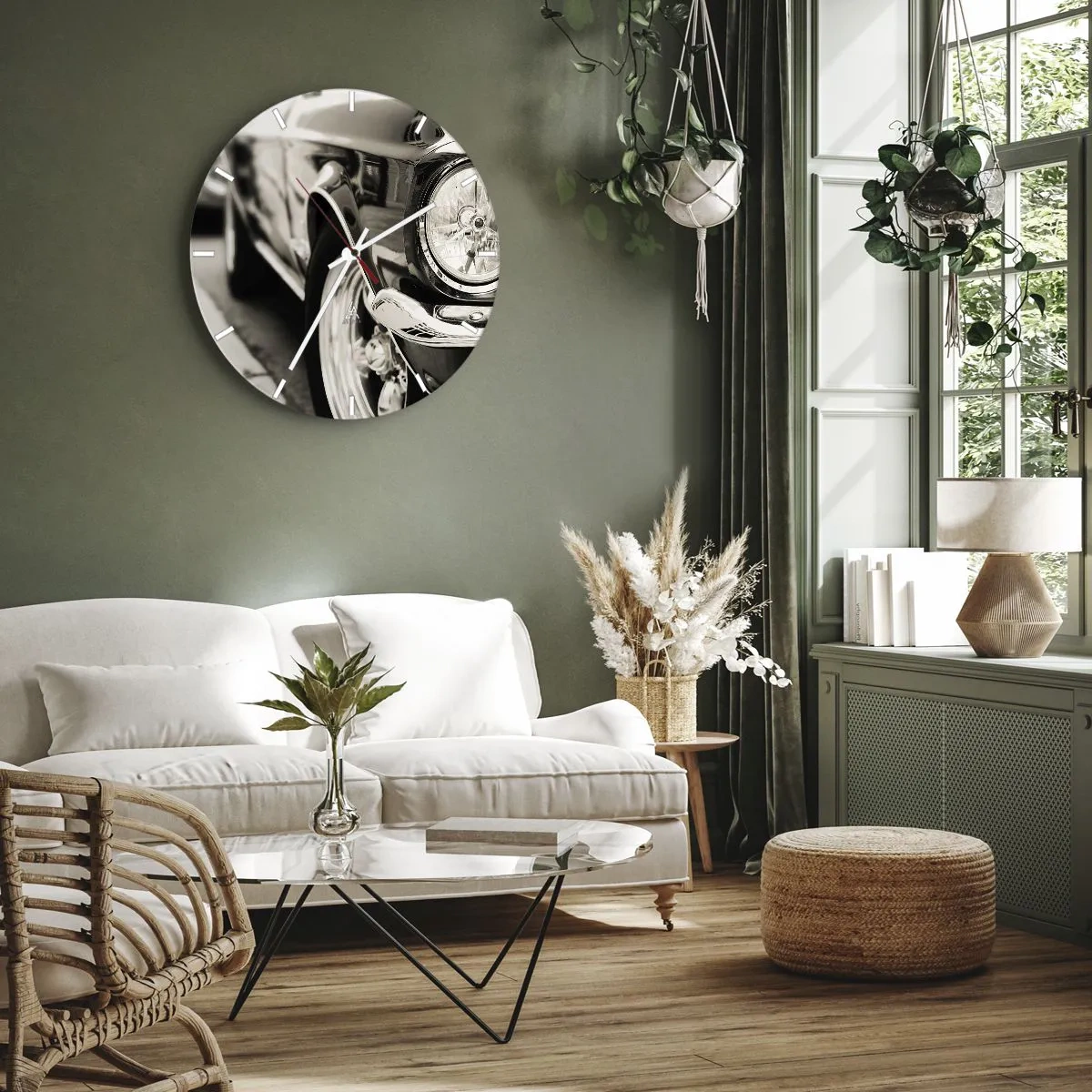 Reloj de pared - Reloj de vidrio - Primer plano del faro de un coche clásico - 30x30cm - Brillo perdurable - Decoración de pared moderna para salón, cocina y dormitorio ARTTOR