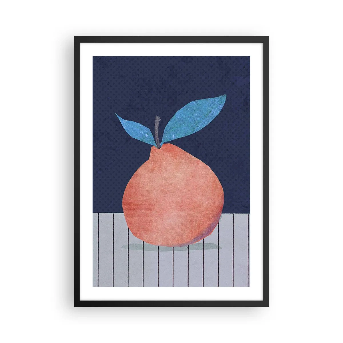 Póster en marco negro - Una ilustración minimalista de una naranja sobre un fondo azul marino. - 50x70cm - Convexidad y plano - Decoración de pared moderna para salón y dormitorio ARTTOR