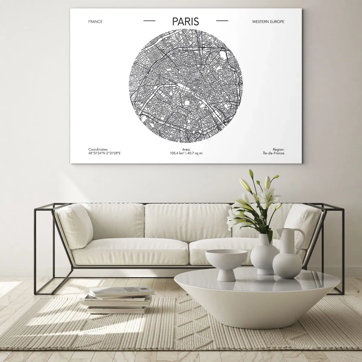 Cuadro sobre vidrio - Impresiones sobre Vidrio - Un mapa circular de París en una ilustración en blanco y negro - 70x50cm - Anatomía de París - Decoración de pared moderna para salón y dormitorio ARTTOR