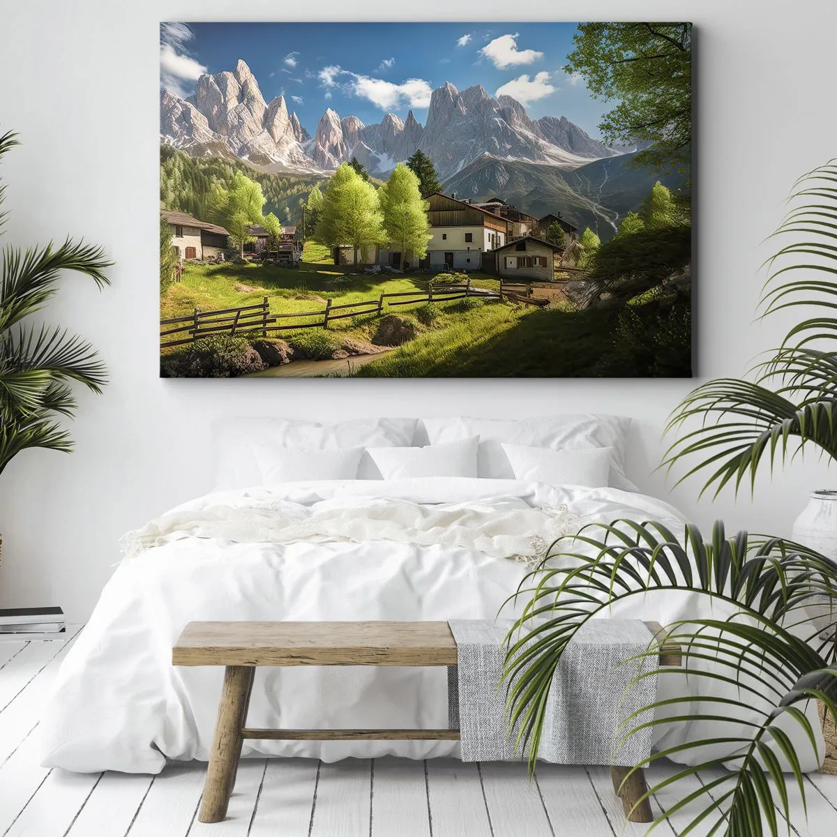 Cuadro sobre lienzo - Impresión de Imagen - Un pueblo de montaña con casas y vistas a los Alpes. - 70x50cm - Idilio alpino - Decoración de pared moderna para salón y dormitorio ARTTOR