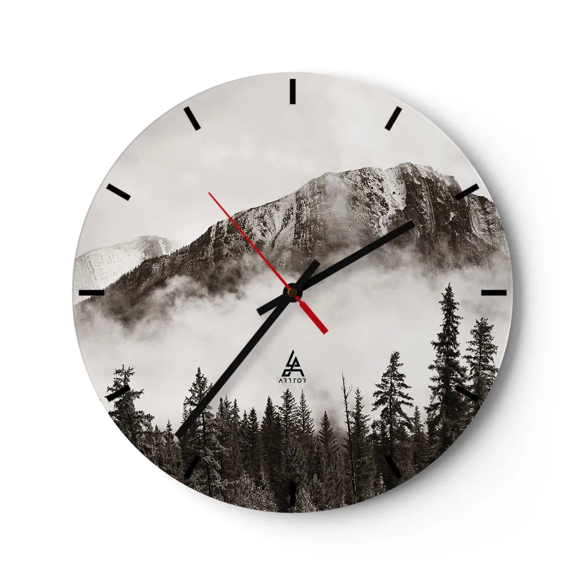 Reloj de pared - Reloj de vidrio - Paisaje de montaña con bosque en un ambiente brumoso. - 30x30cm - Gobernante de granito - Decoración de pared moderna para salón, cocina y dormitorio ARTTOR