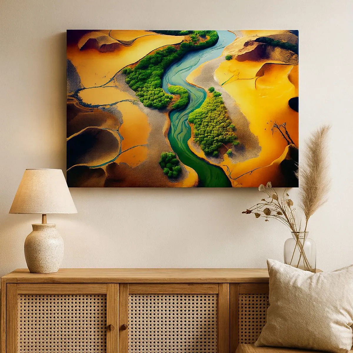 Cuadro sobre lienzo - Impresión de Imagen - Un río verde rodeado de arenas doradas y vegetación. - 70x50cm - Río que da vida - Decoración de pared moderna para salón y dormitorio ARTTOR