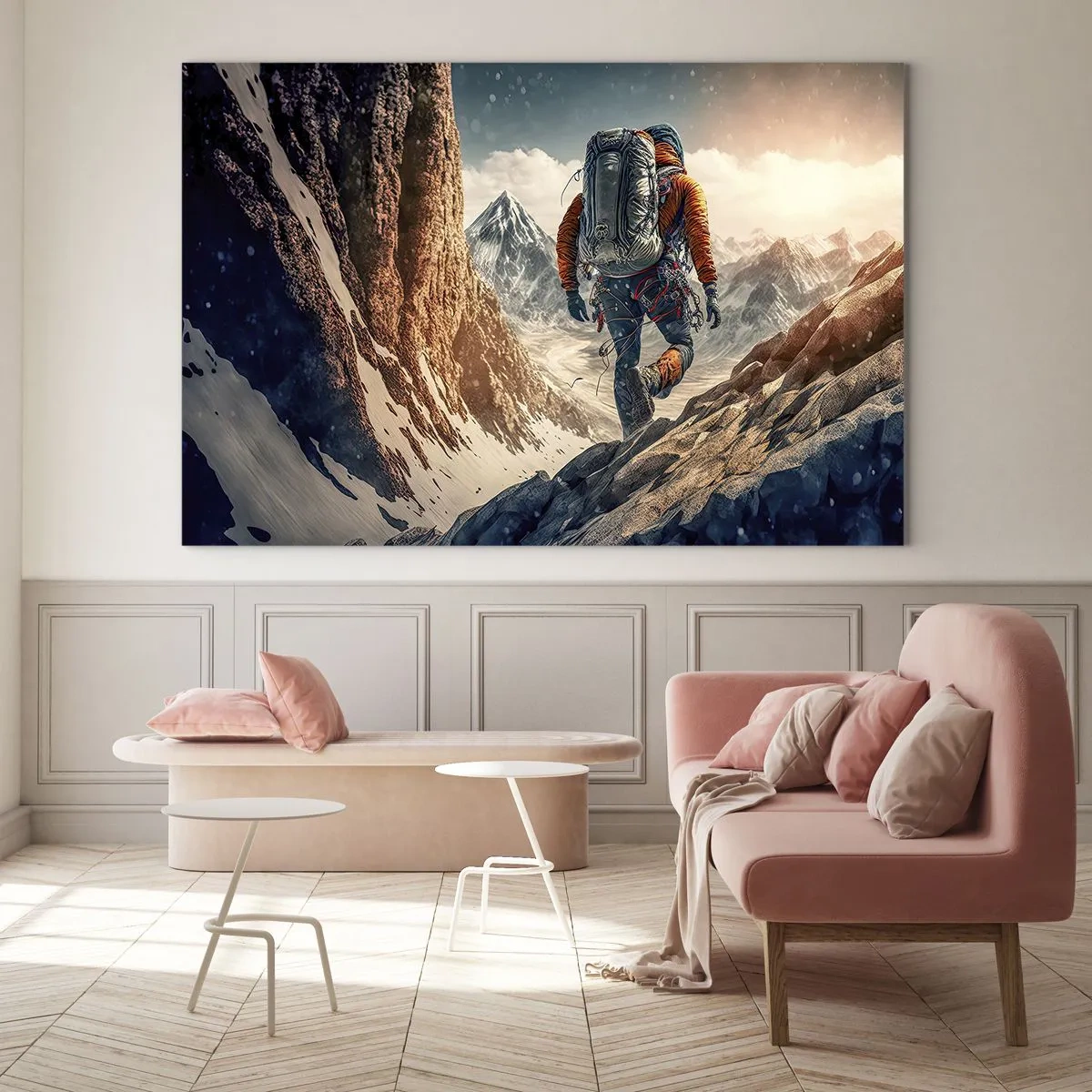 Cuadro sobre vidrio - Impresiones sobre Vidrio - Un excursionista escalando una ladera rocosa y cubierta de nieve. - 70x50cm - Guerrero solitario - Decoración de pared moderna para salón y dormitorio ARTTOR