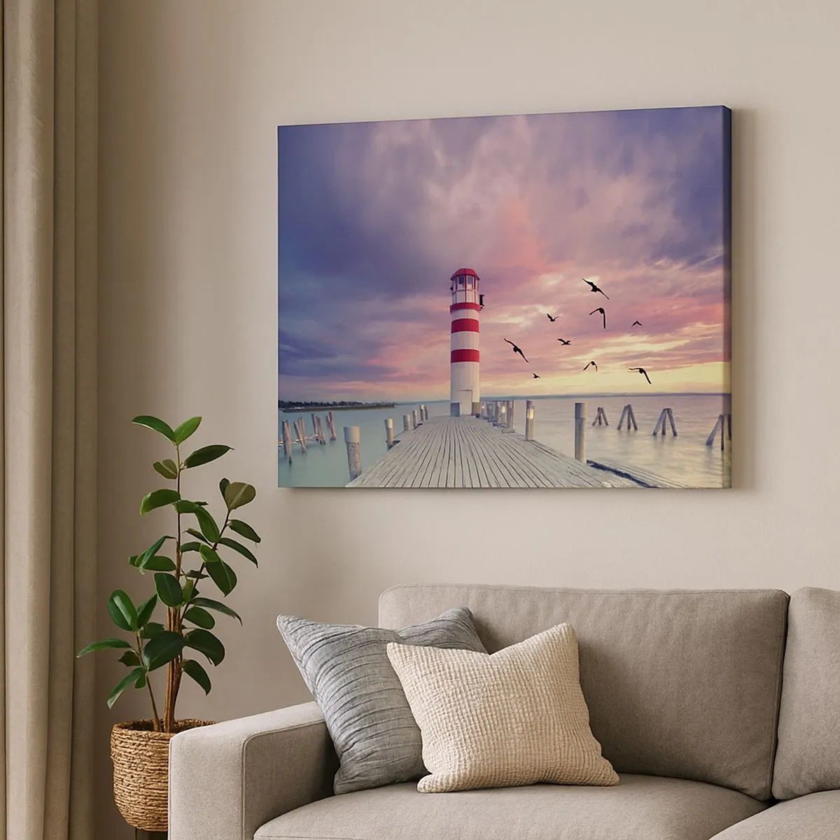 Cuadro sobre lienzo - Impresión de Imagen - Un faro en el muelle rodeado de una pintoresca puesta de sol. - 70x50cm - Hora de ir al puerto - Decoración de pared moderna para salón y dormitorio ARTTOR