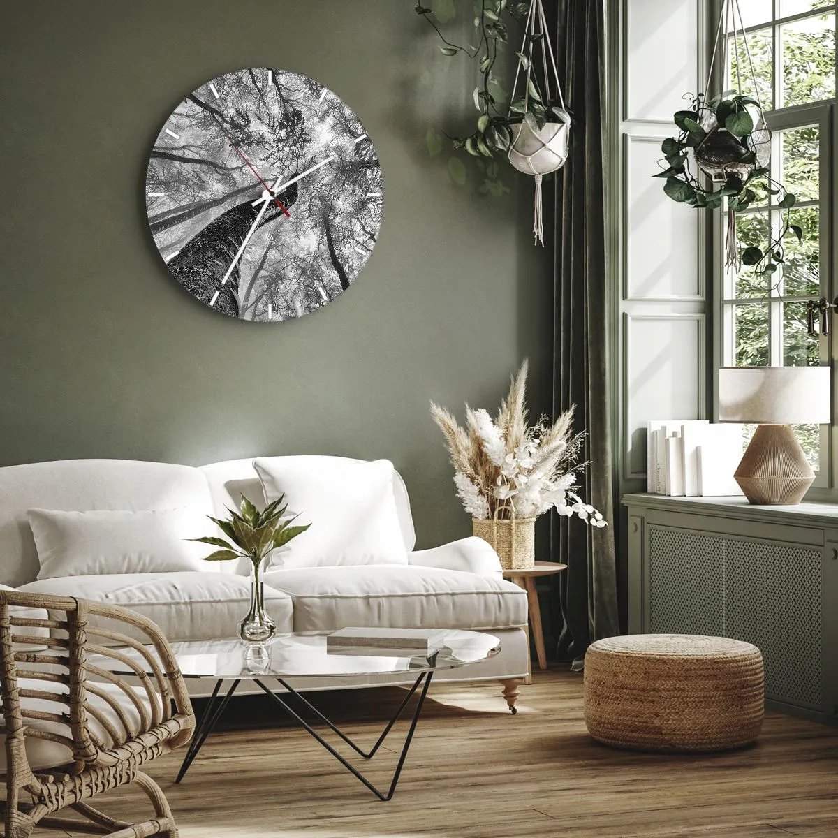 Reloj de pared - Reloj de vidrio - Vista en blanco y negro de las copas de los árboles desde una perspectiva ascendente. - 30x30cm - Carrera hacia la luz - Decoración de pared moderna para salón, cocina y dormitorio ARTTOR